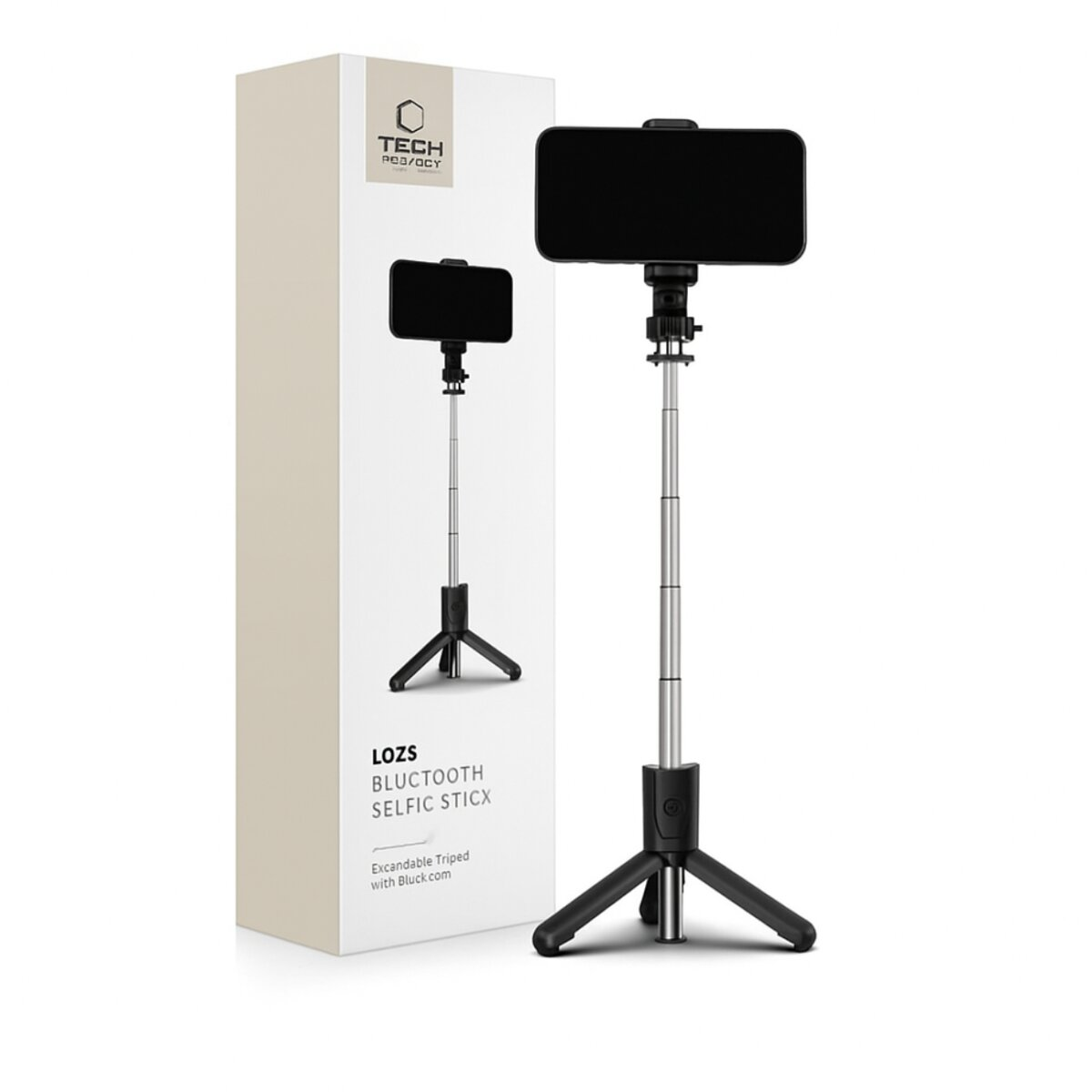 Ein Selfie-Stick mit Telefon daneben, neben der Verpackung, die einen identischen Stick zeigt. Beides auf weißem Hintergrund.