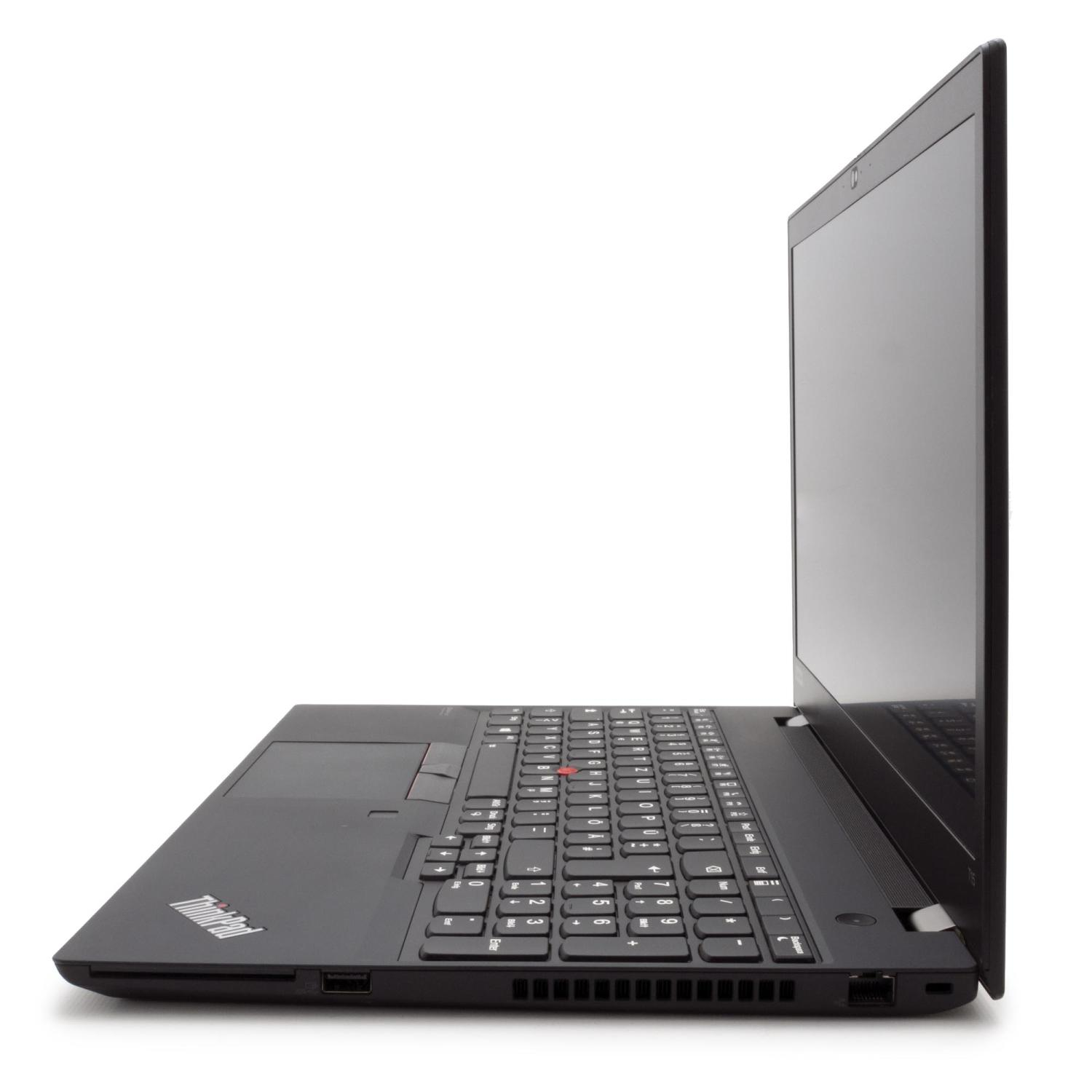 Ein schwarzes ThinkPad-Laptop wird in einem Winkel geöffnet gezeigt. Die Tastatur und der Bildschirm sind vor weißem Hintergrund sichtbar.