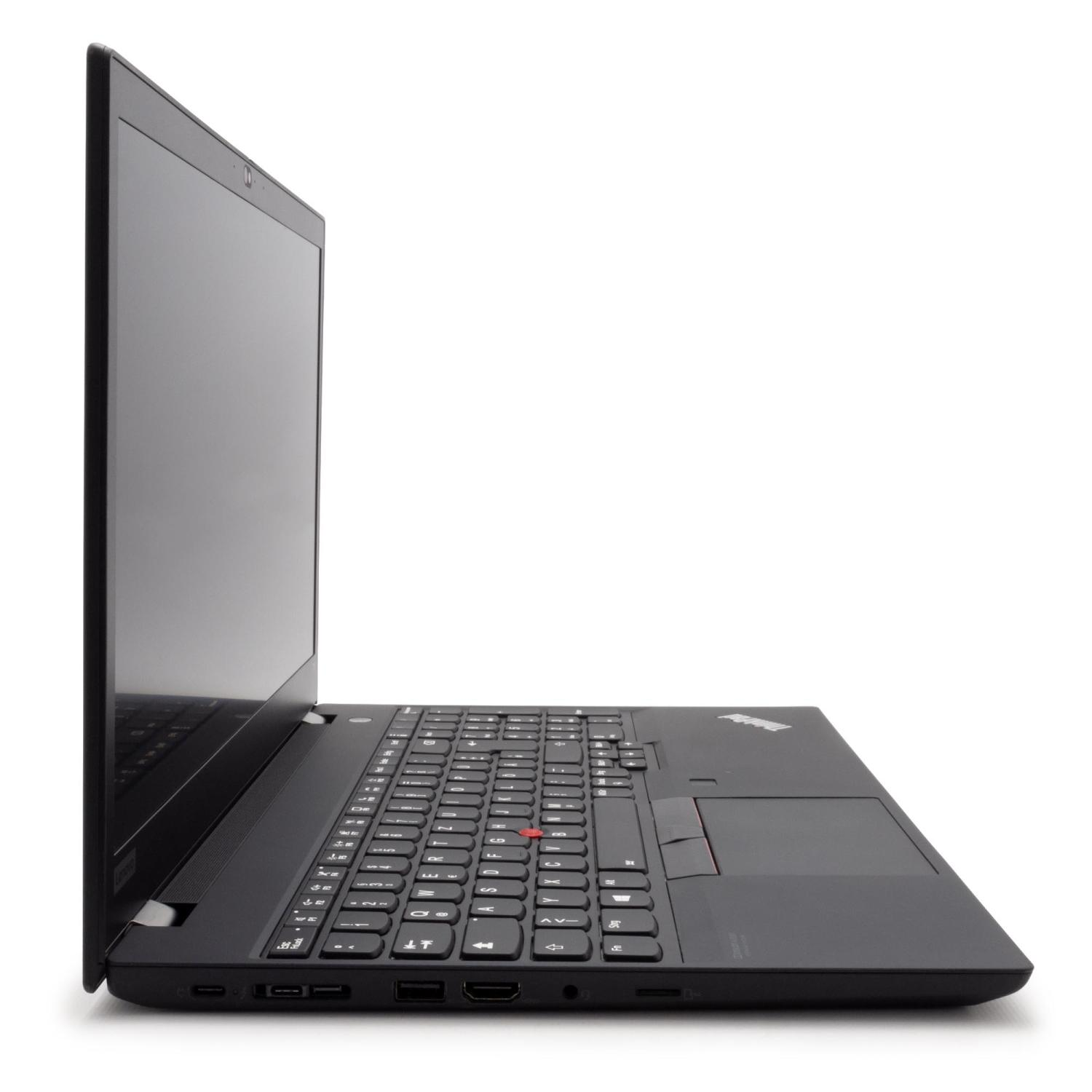 Ein schwarzer Laptop ist auf einer weißen Oberfläche geöffnet. Die Tastatur ist sichtbar, mit rotem Trackpoint. Der Bildschirm ist dunkel.