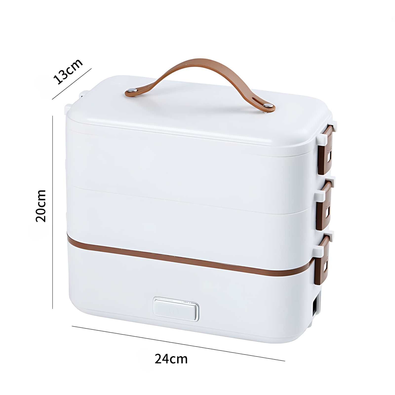 Weiße, dreistöckige Lunchbox mit braunen Akzenten und Griff. Abmessungen: 24x13x20cm.