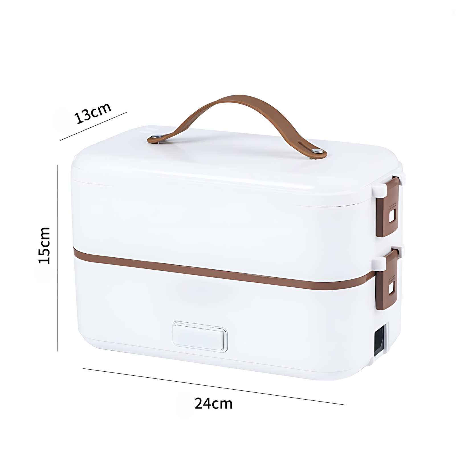 Elektrische weiße Lunchbox mit braunem Griff und Zierleisten. Maße: 24x15x13cm. Sie hat zwei Ebenen und einen Stromanschluss.