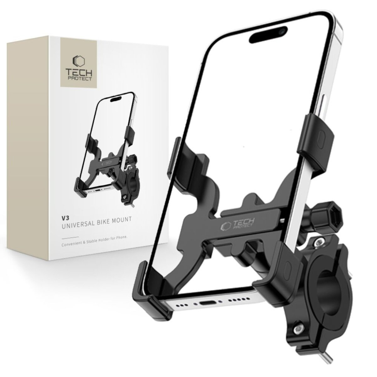Een telefoonhouder voor een fiets. Hij is zwart en zilver, met de telefoon gemonteerd. Een doos met het logo staat op de achtergrond.