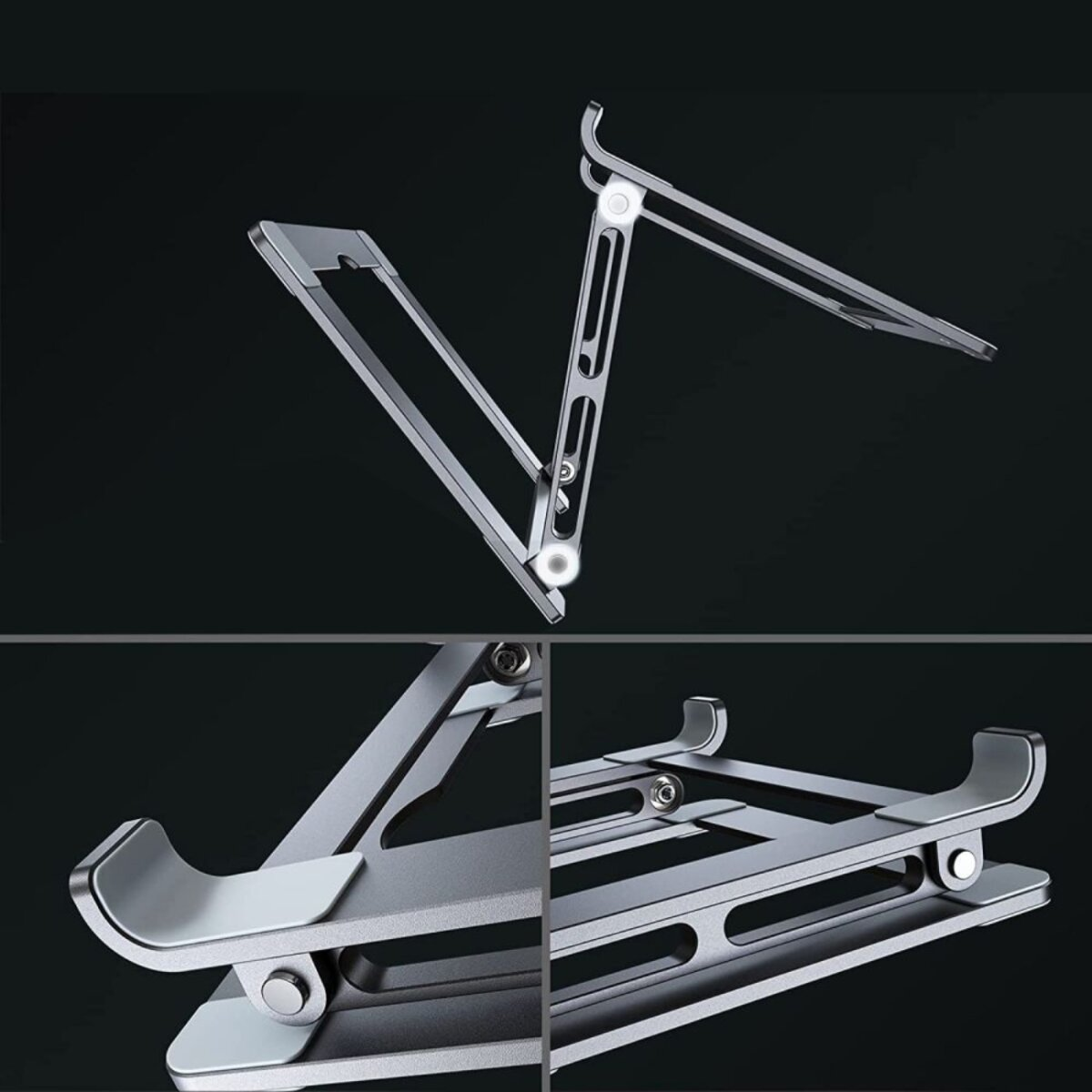 A silver laptop stand is displayed in three sections. It has an adjustable design with a black background.