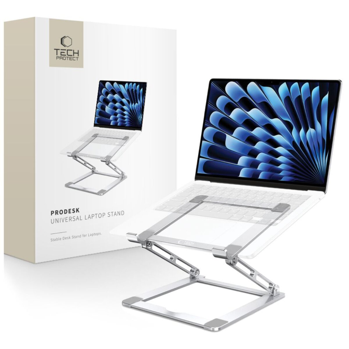 A laptop on a silver stand. The screen displays a blue and white pattern. A box with the product name is on the left.