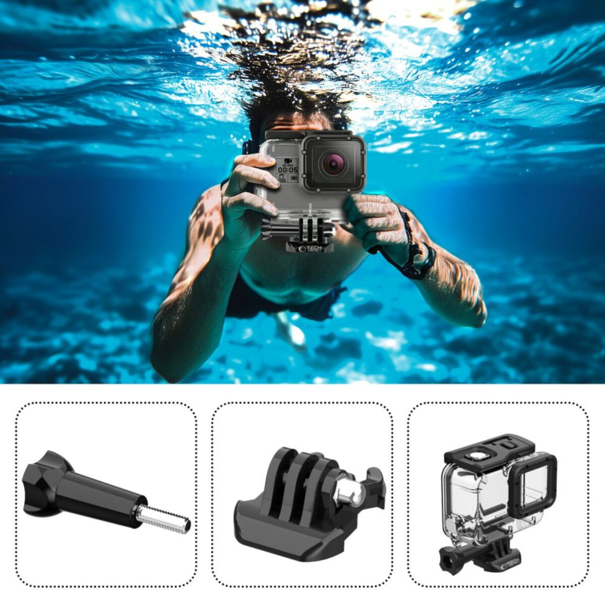 Een persoon onder water die een camera in een waterdichte behuizing vasthoudt. Accessoires worden hieronder getoond. De scène is in blauw water.