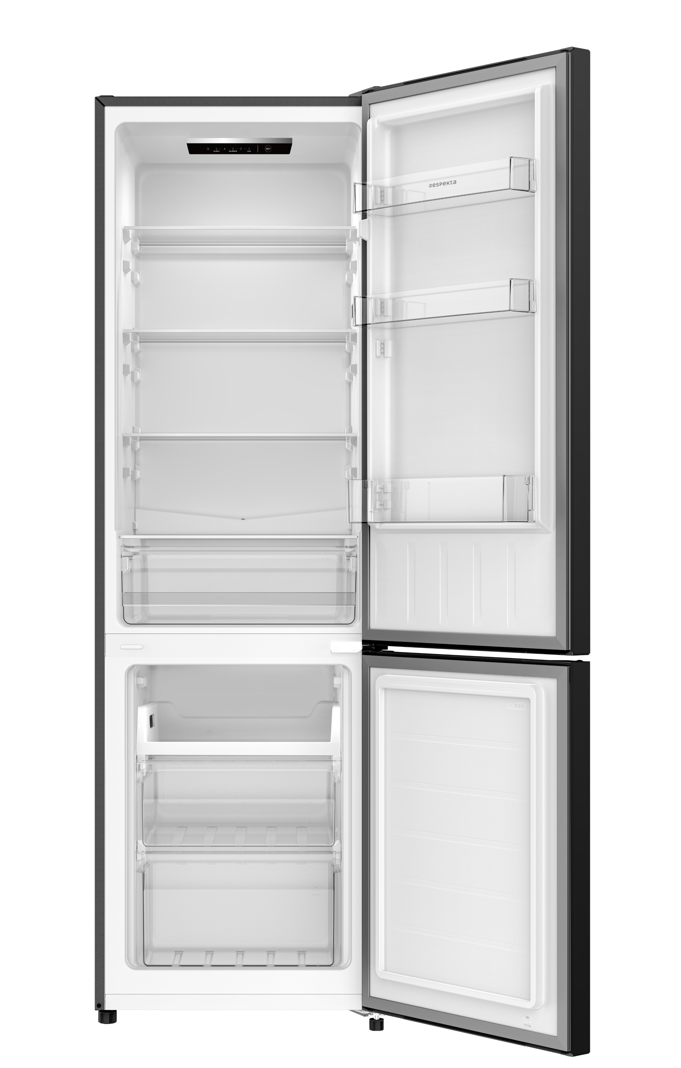 Geöffnete Kühlschranktür, schwarzer Rahmen, weißes Innere, Regale, Schubladen und Temperaturregler sichtbar.