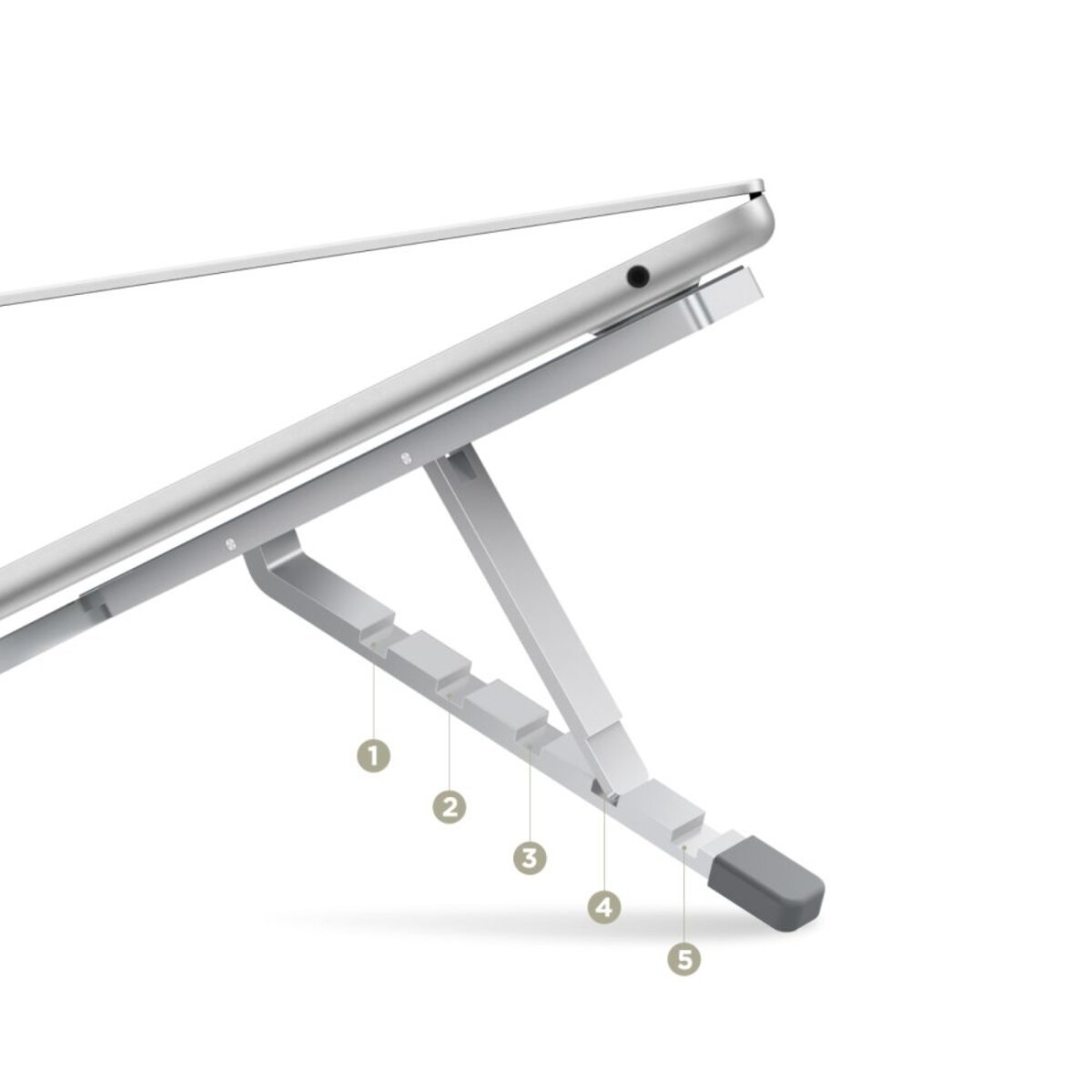 A silver laptop stand is angled up. The stand has numbered sections and a rubber foot. A tablet is resting on the stand.