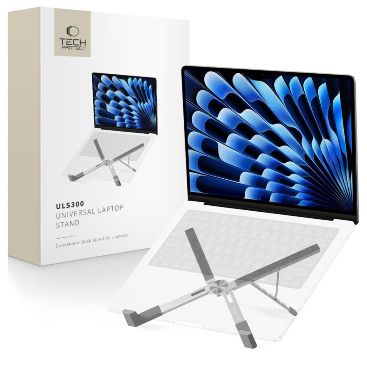A laptop on a stand with a blue wave-patterned screen. A box with the product name and logo is behind.