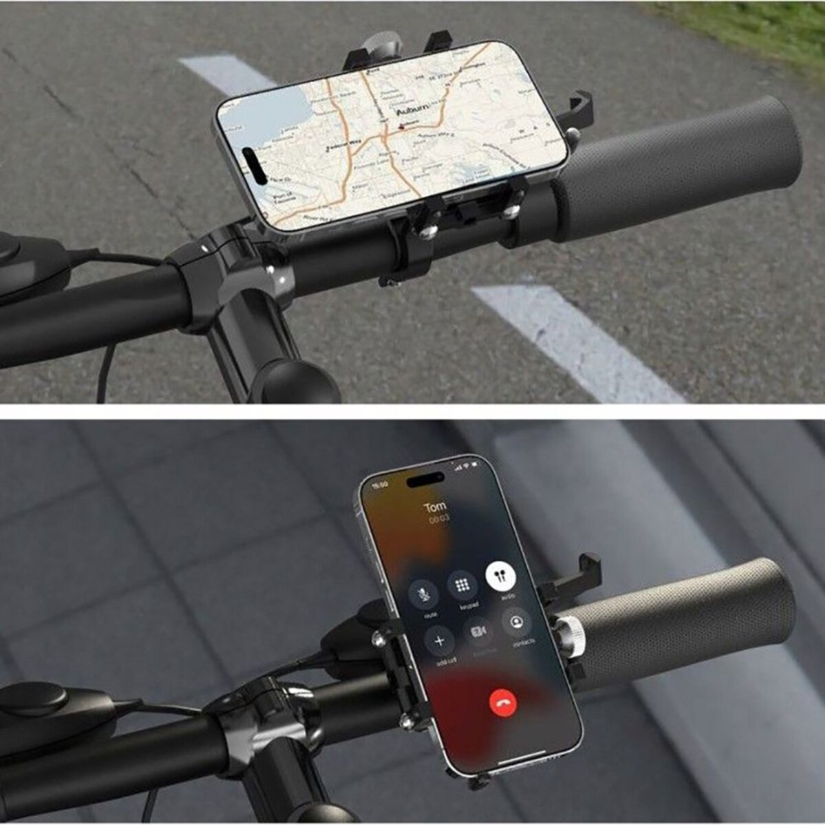 Een telefoon is gemonteerd op een scooterstuur. De telefoon toont een kaart en een oproepscherm. Het stuur is zwart.