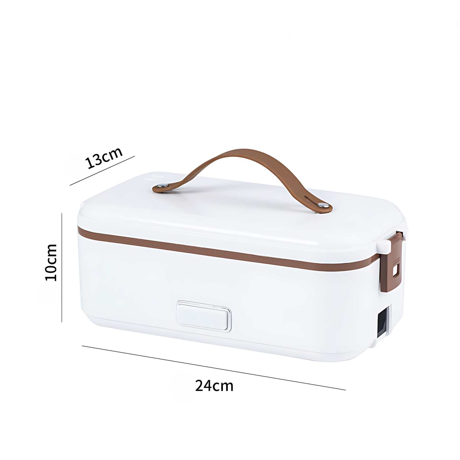 Eine weiße elektrische Lunchbox mit braunen Akzenten und Griff. Abmessungen: 24x13x10 cm. Stromanschluss sichtbar.