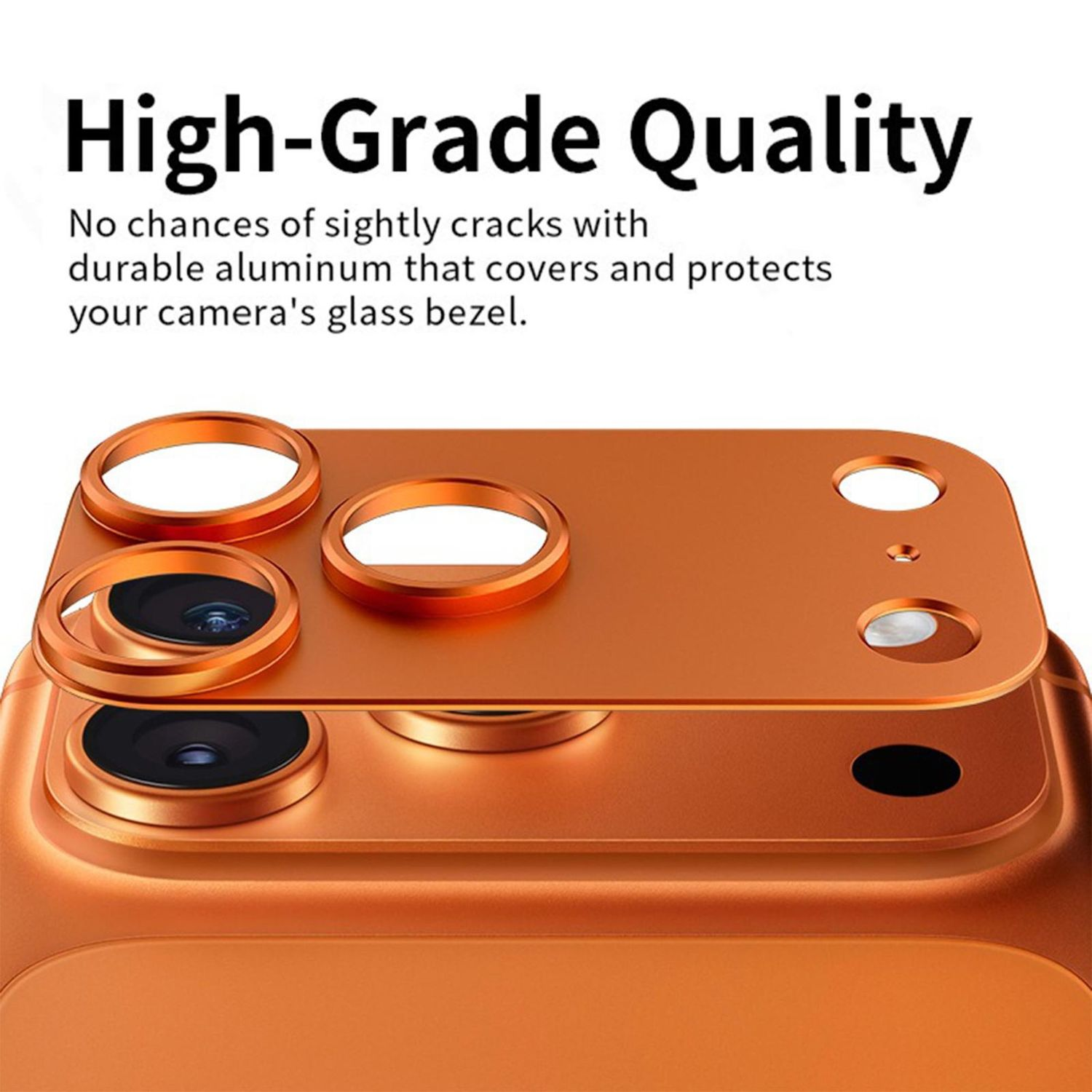 Ein orangefarbener Kameraschutz. Er hat mehrere kreisförmige Öffnungen für die Linsen. Oben steht: High-Grade Quality.