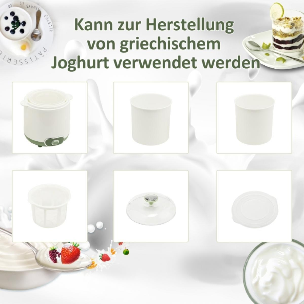 Das Bild zeigt Joghurtherstellungsgeräte und -zutaten. Es gibt Text auf Deutsch über die Verwendung der Geräte zur Herstellung von griechischem Joghurt.