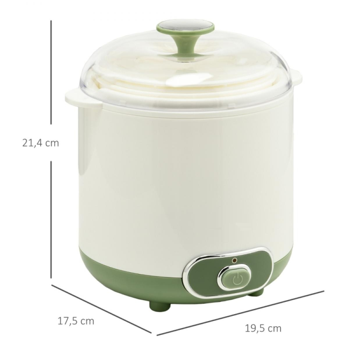Ein cremefarbener und grüner Dampfgarer mit transparentem Deckel. Abmessungen: 21,4 cm Höhe, 17,5 cm Breite und 19,5 cm Länge.