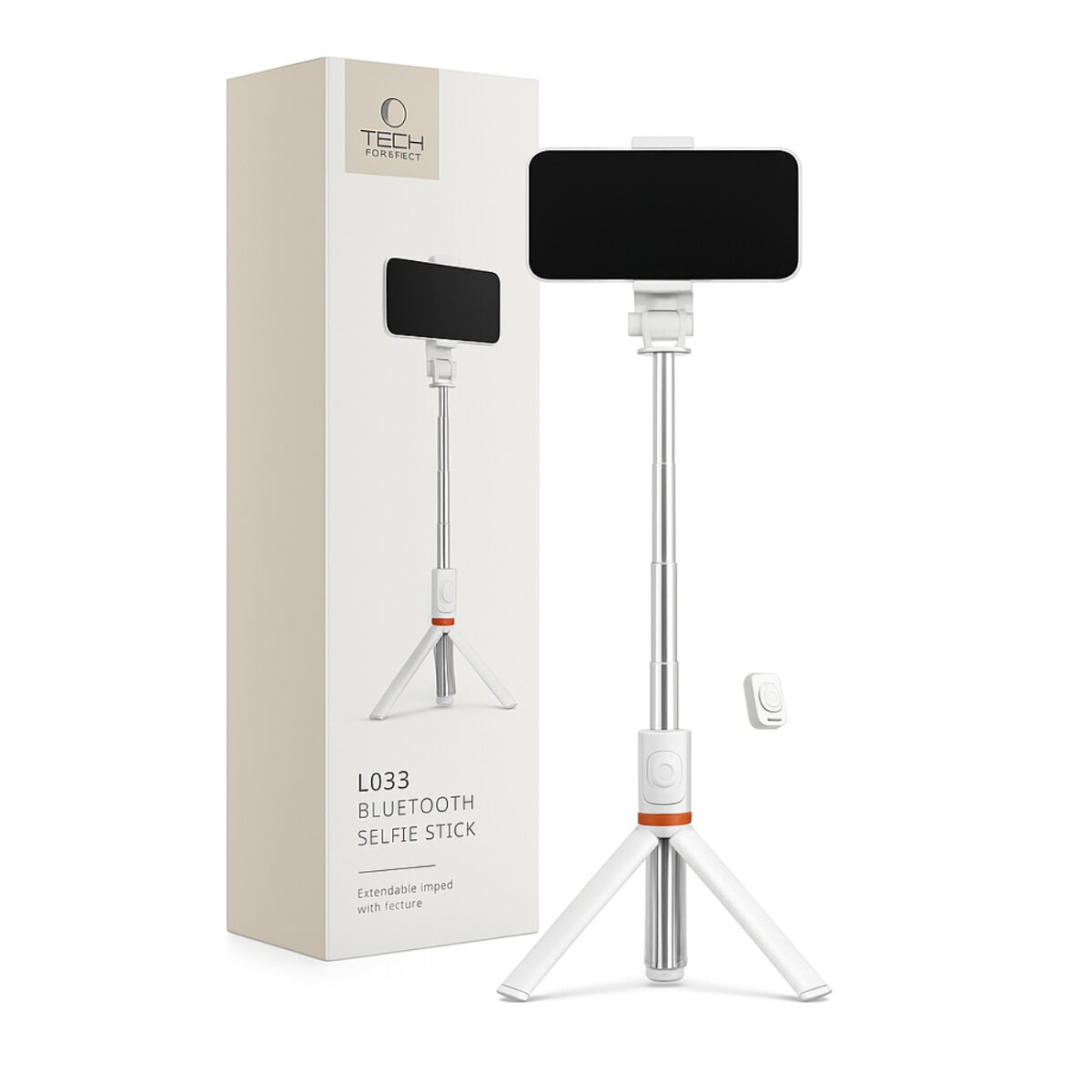 Een witte selfiestick met telefoon, afstandsbediening en doos. Doos en stick hebben oranje accenten. Het telefoonscherm is zwart.