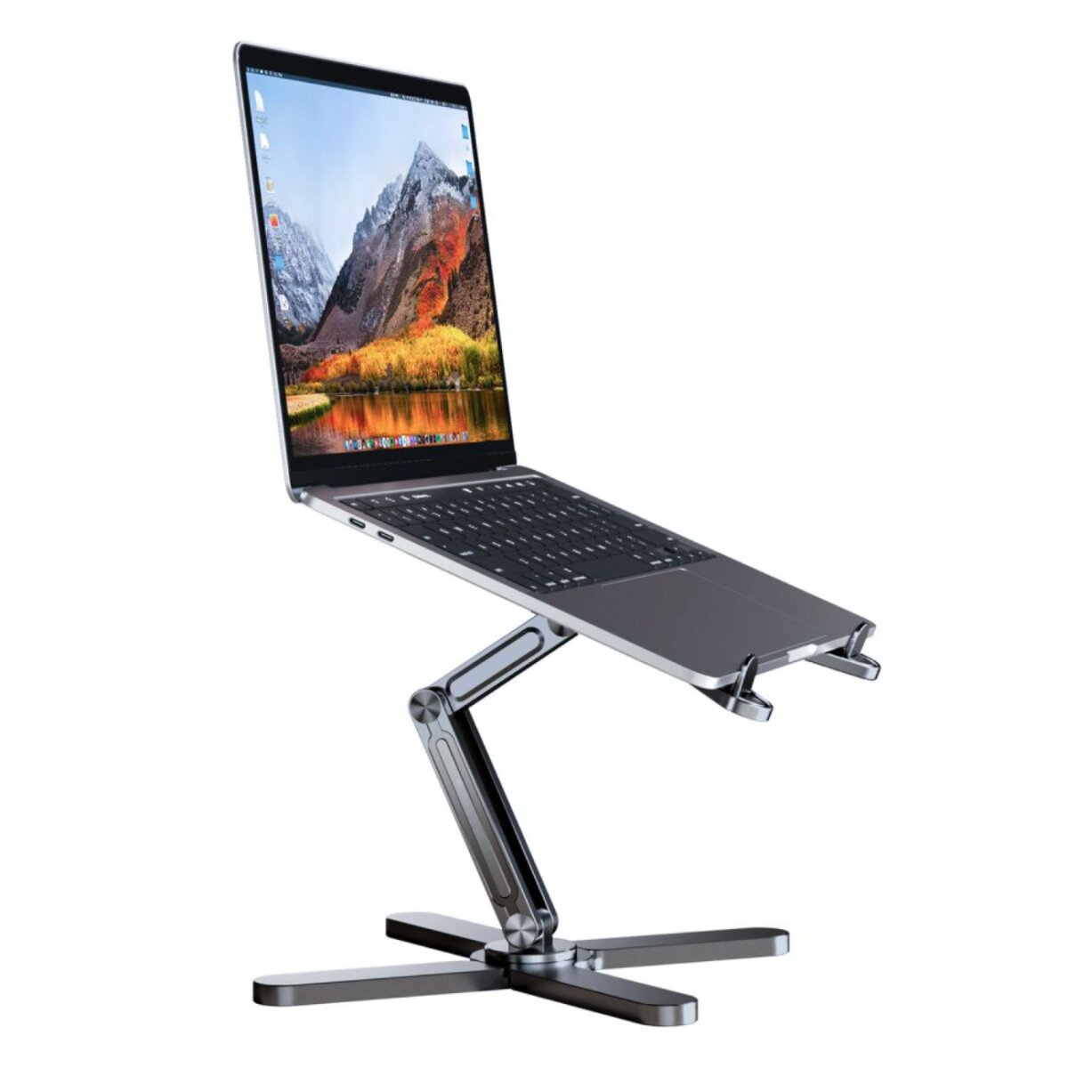 Ein Laptop auf einem Metallständer. Der Bildschirm zeigt eine Landschaft. Der Ständer hat einen verstellbaren Arm und eine sternförmige Basis.