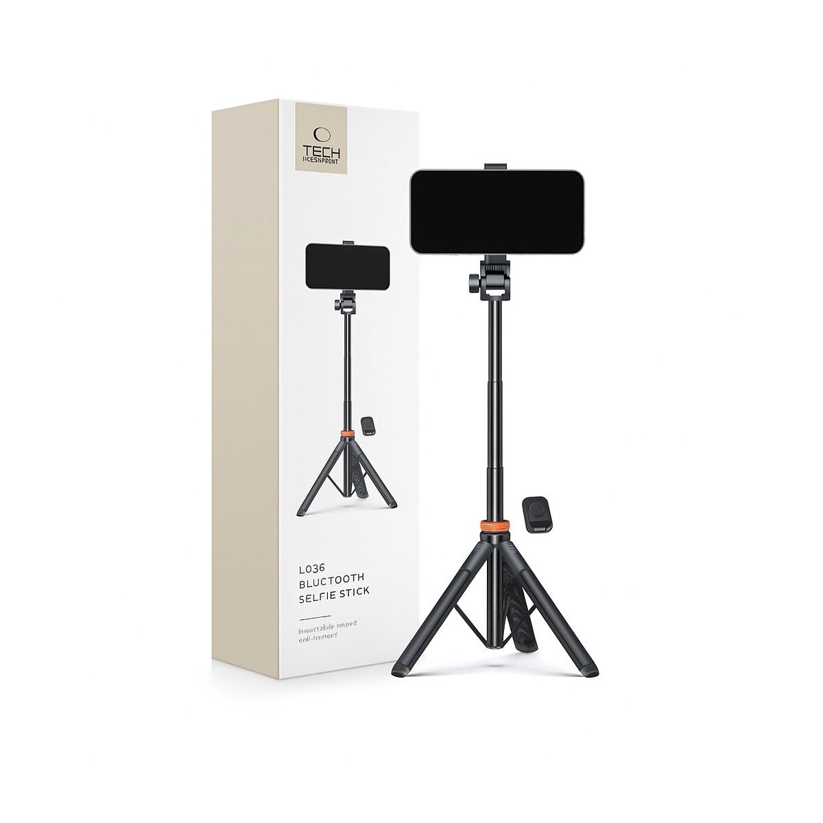 Een selfiestick met telefoon, naast de doos, met ook een stick en telefoon erop. Op de doos staat 'L036 Bluetooth Selfie Stick'.