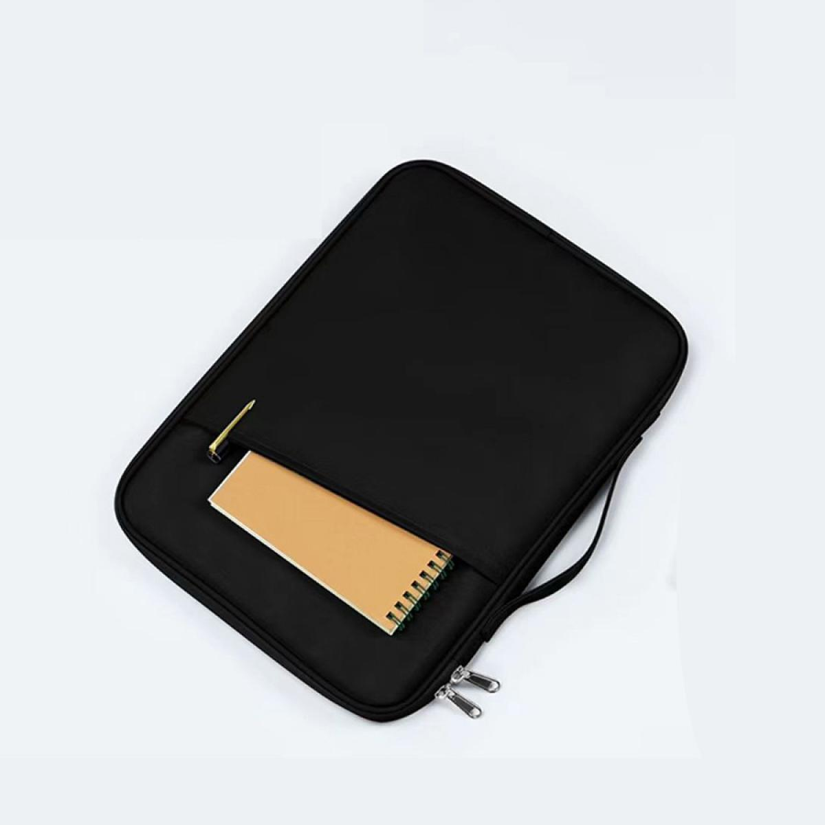 Schwarze Laptoptasche mit Notizblock und Stift in der Tasche, Reißverschluss und Griff auf weißem Hintergrund.