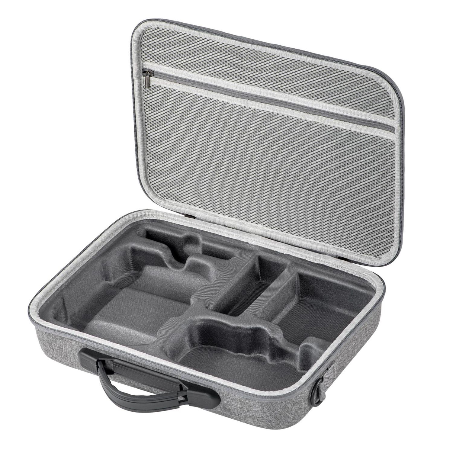 Offene graue Tragetasche mit Griff. Im Inneren befindet sich ein Formeinsatz mit Fächern. Der Deckel hat eine Netztasche.