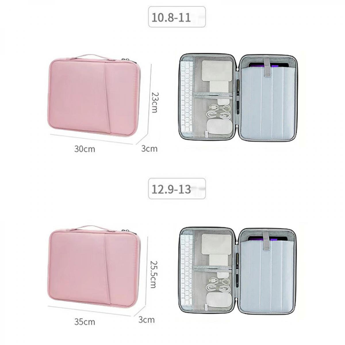 Rosa Laptop-Hüllen und offene graue Koffer mit Zubehör werden gezeigt. Abmessungen und Größen sind ebenfalls angegeben.