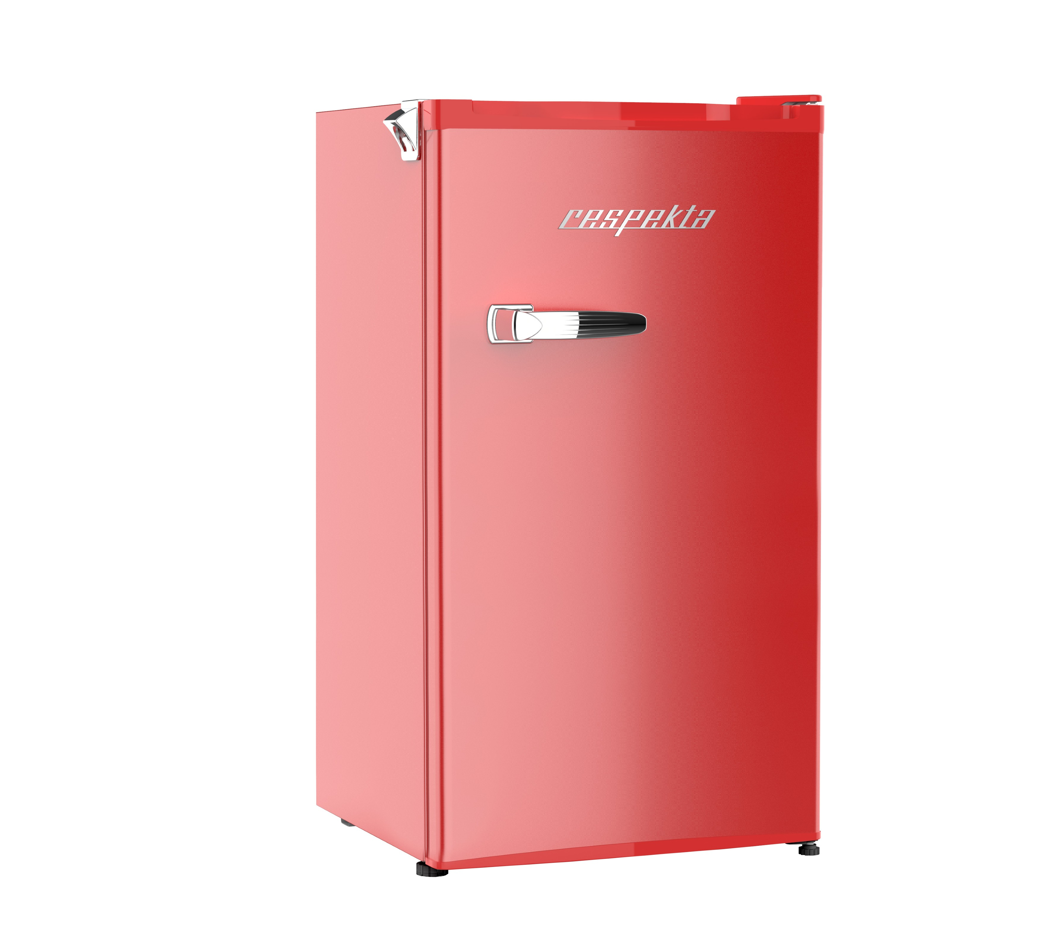 Ein roter Retro-Kühlschrank steht vor weißem Hintergrund. Die Marke 'respekta' ist sichtbar.