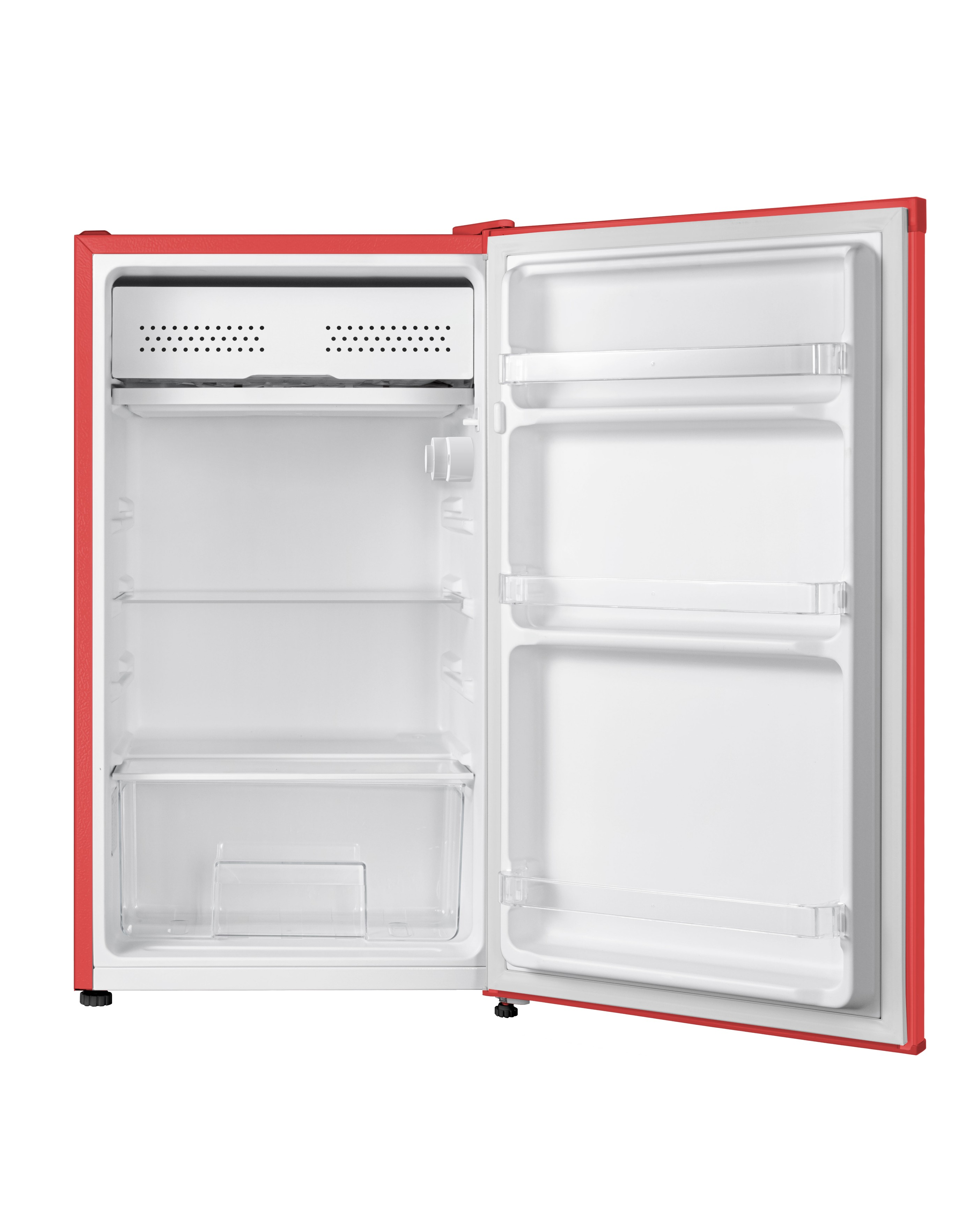 Ein roter Mini-Kühlschrank mit offener Tür. Der Innenraum ist weiß, mit Regalen und einer Gemüseschublade.
