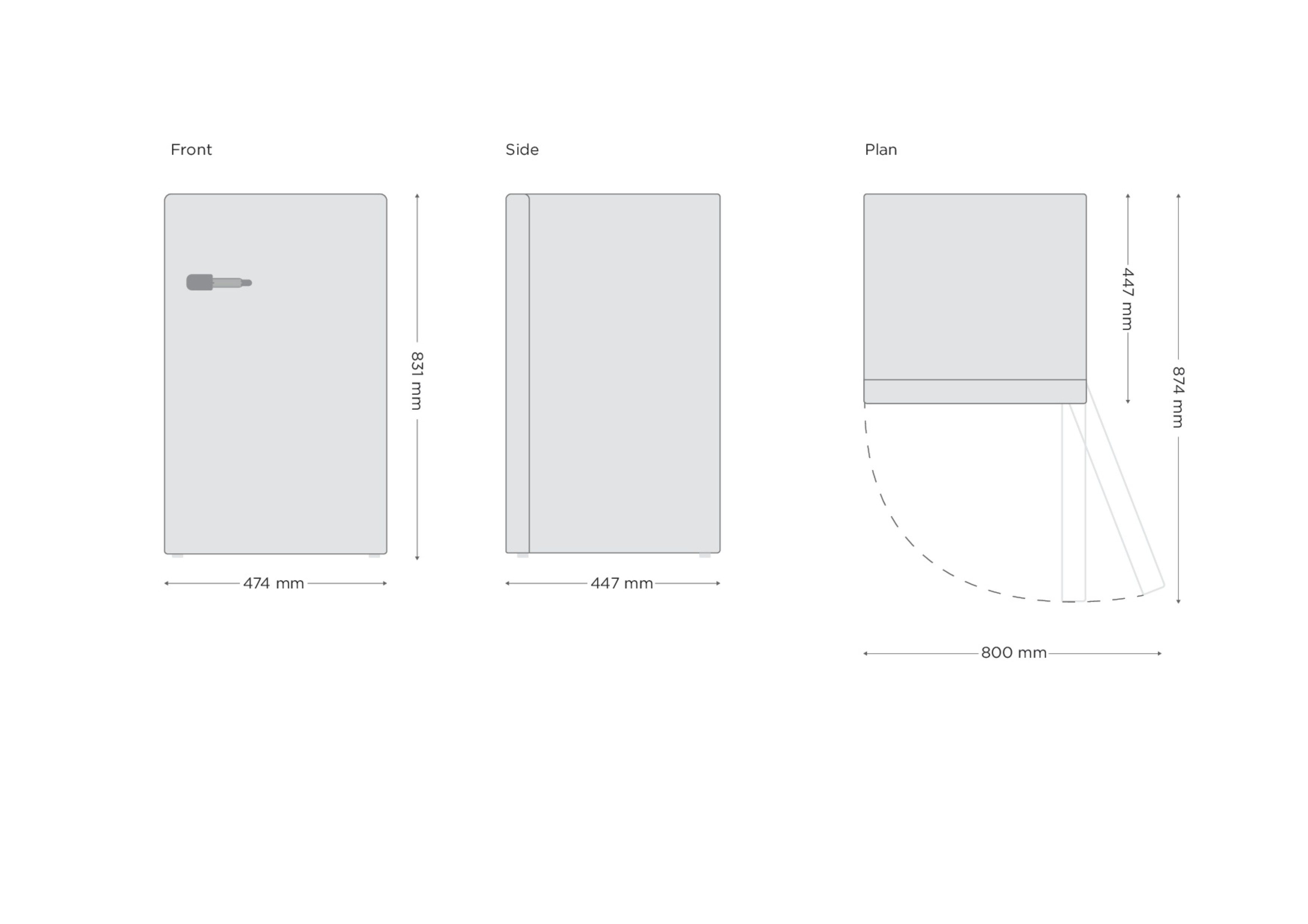 Diagramm mit Front-, Seiten- und Draufsicht eines Kühlschranks. Maße in Millimetern angegeben.