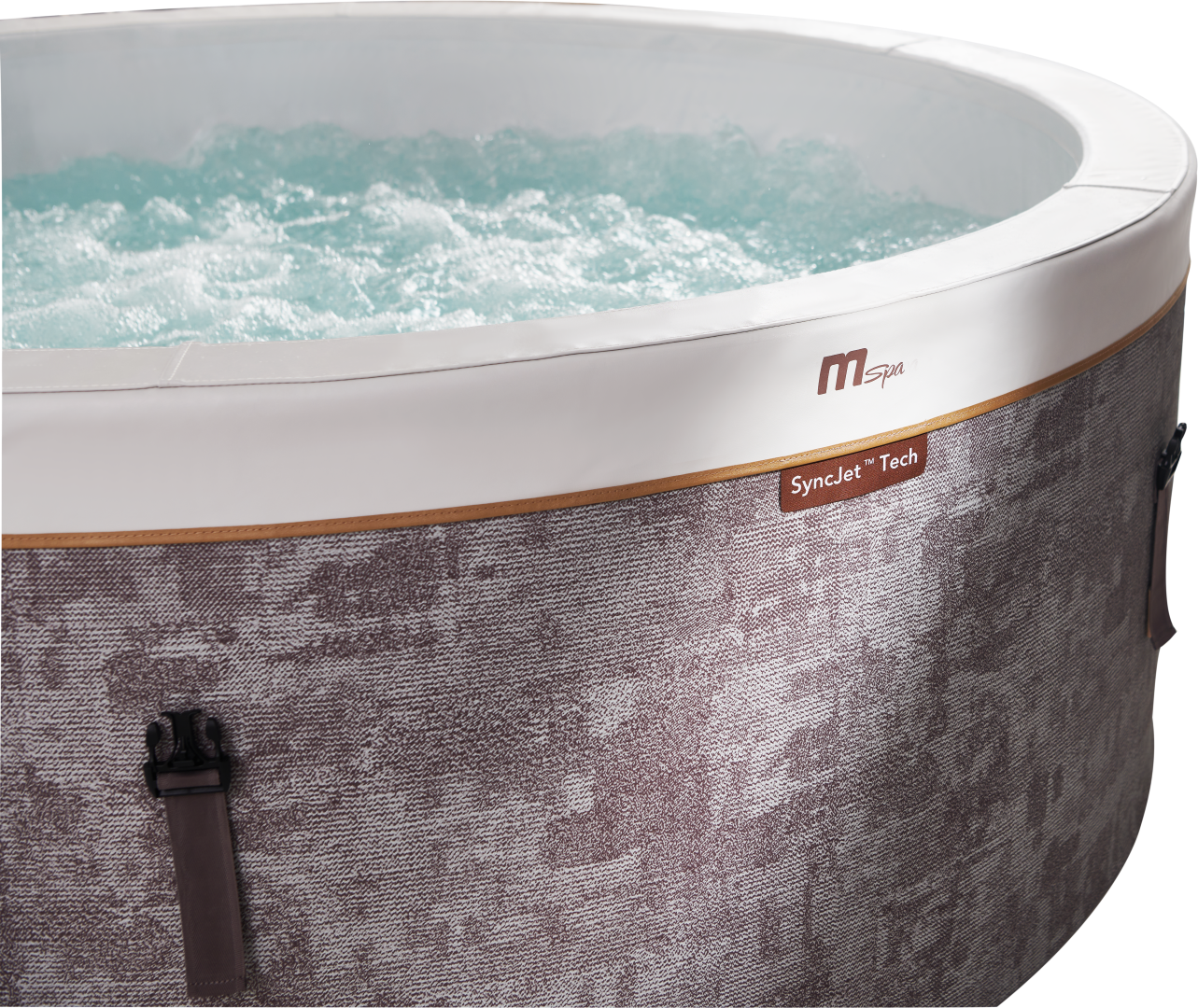 Ein runder Whirlpool mit sprudelndem Wasser. Er hat einen weißen Rand und eine gemusterte graue Außenseite mit braunen Akzenten und einer Schnalle.