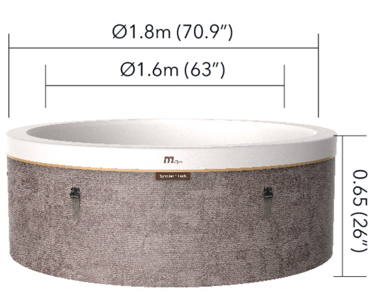 Ein runder Whirlpool mit Maßangaben. Durchmesser 1,8 m, 1,6 m. Höhe 0,65 m. Er hat eine strukturierte braune Außenseite und einen weißen Rand.