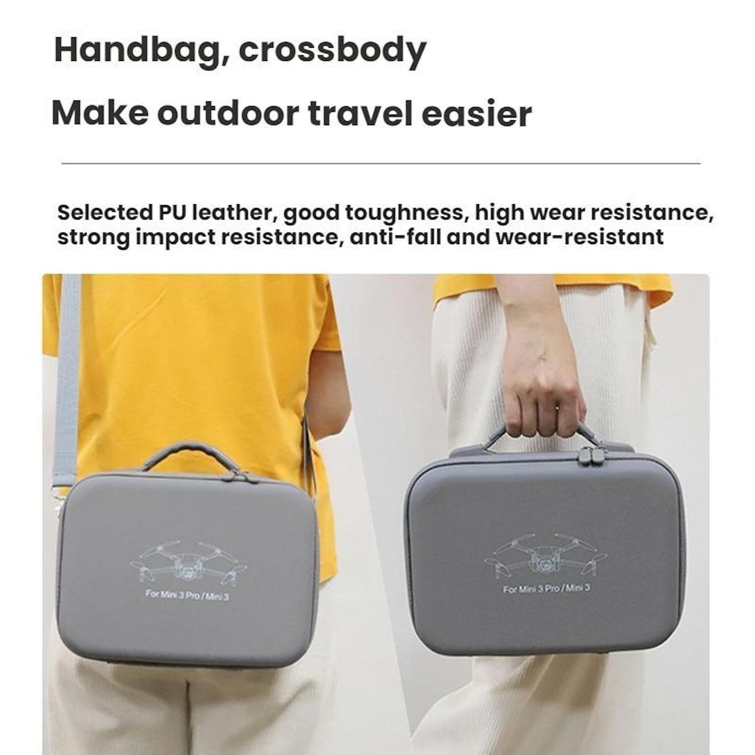 L'immagine mostra una borsa grigia. È a tracolla. Il testo dice: 'Rendi i viaggi all'aperto più facili'. Descrizione del prodotto sotto.