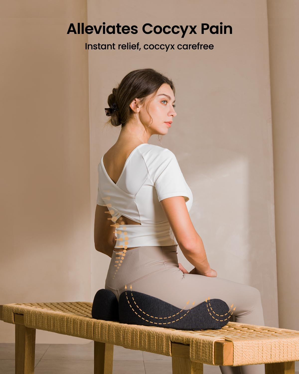 Woman sitting on a bench with a seat cushion. Text above says 'Alleviates Coccyx Pain' with 'Instant relief, coccyx carefree'.