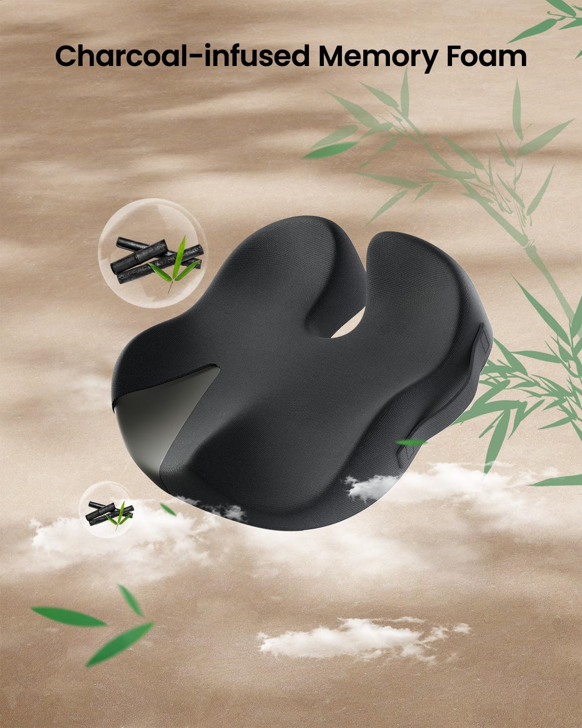 Black ergonomic cushion with charcoal and bamboo elements on a beige background with clouds.