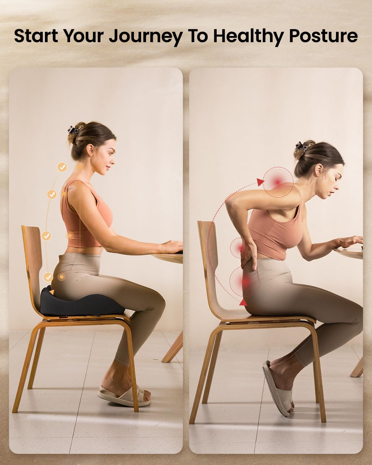 Image shows healthy and bad posture. Woman in good posture on left, correct back position. Right side shows bad posture, red marks.