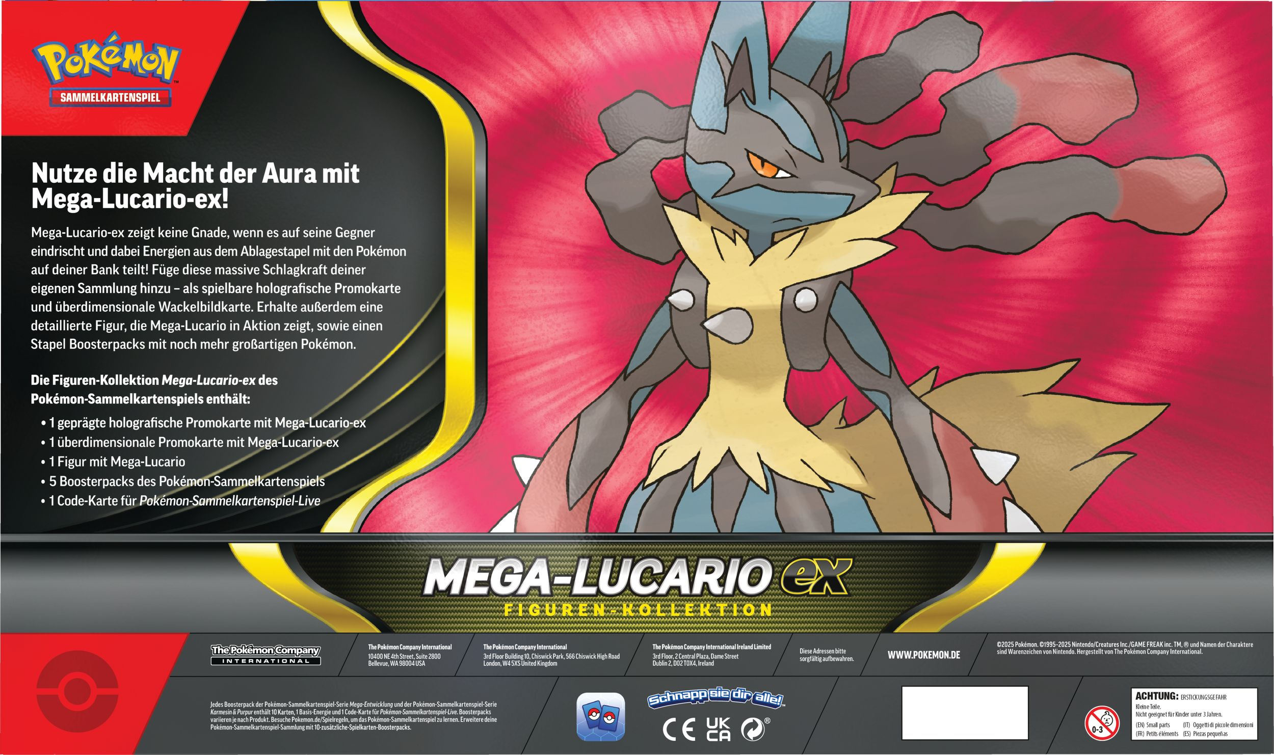 Ein Pokémon-Box-Set mit Mega-Lucario. Das Set enthält Karten und eine Figur der Figur.