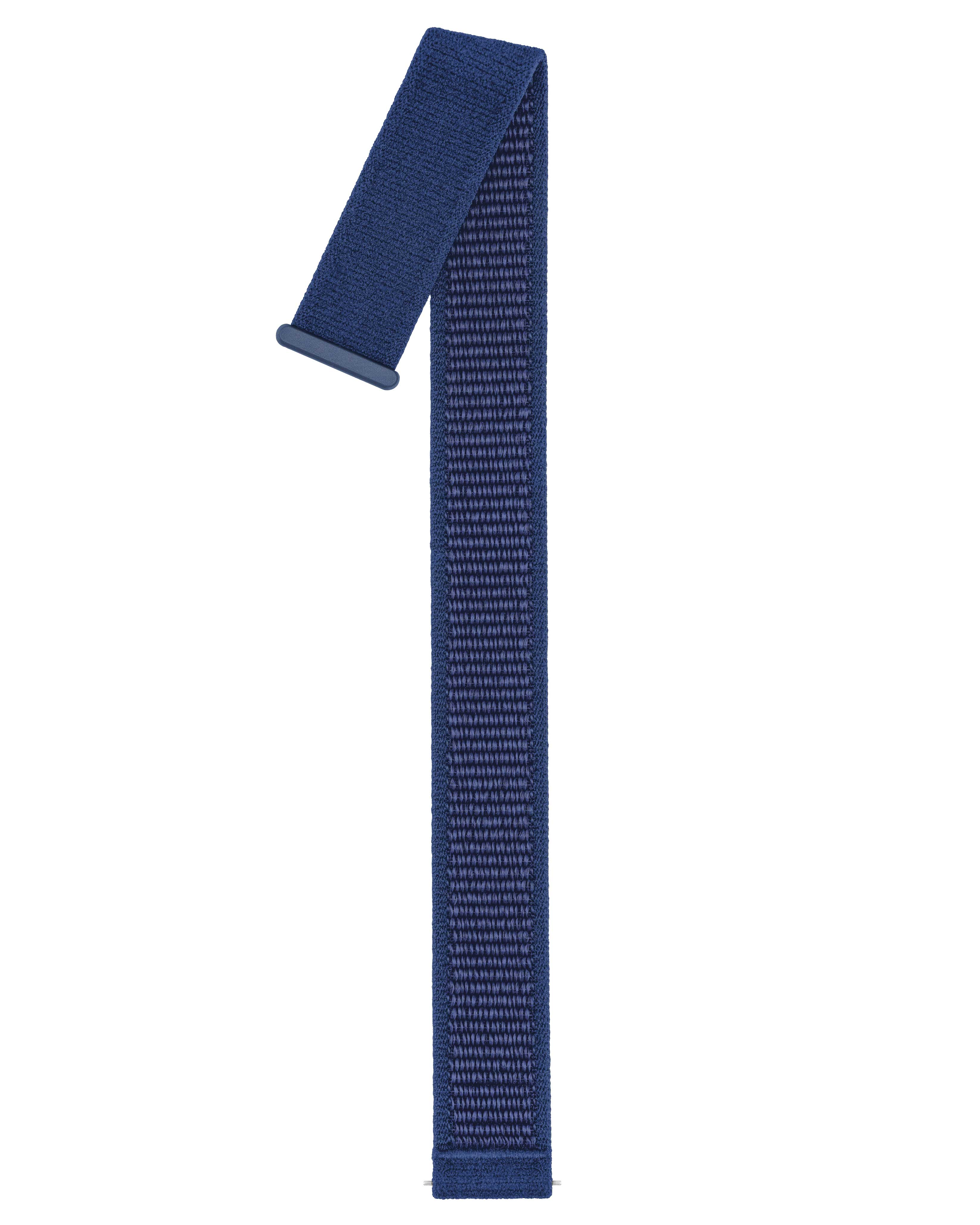 Ein marineblaues Uhrenarmband auf weißem Hintergrund. Das Armband ist aus Stoff und hat einen Metallverschluss.