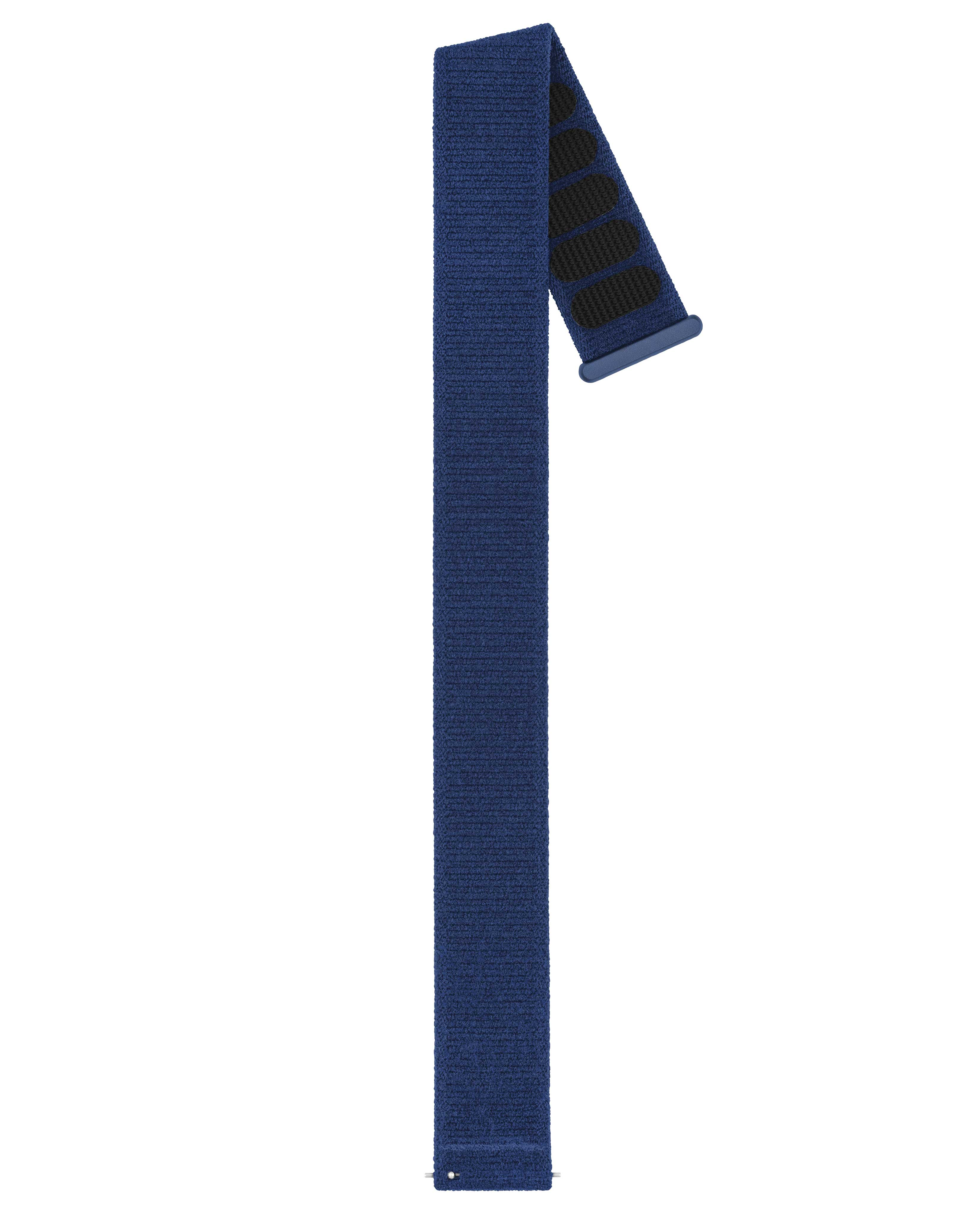Ein marineblaues Uhrenarmband auf weißem Hintergrund. Der Riemen hat schwarze strukturierte Flecken und eine Schnalle.