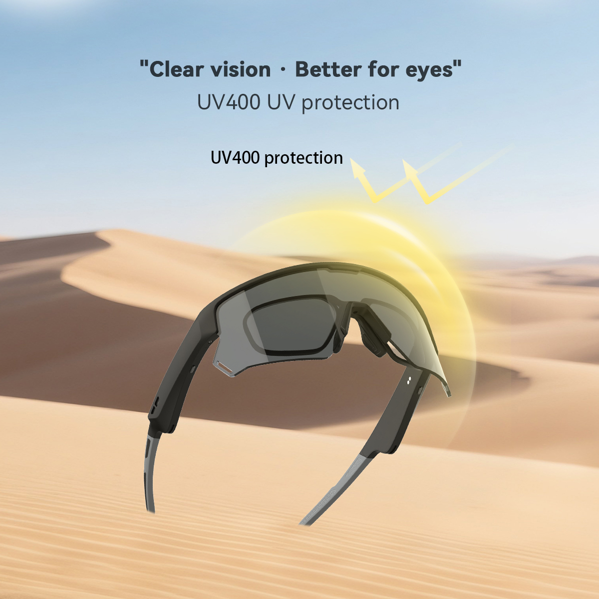 Gafas de sol con lentes grises frente a un fondo desértico, con texto sobre protección UV.