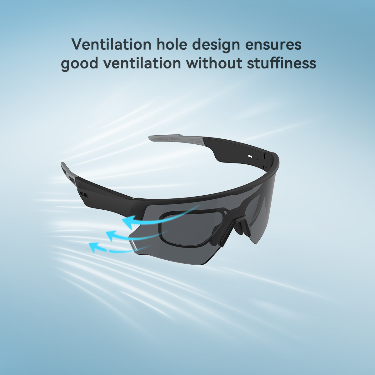 Gafas de sol deportivas negras con lentes grises. Flechas azules muestran el flujo de aire. Texto: Diseño de orificio de ventilación.