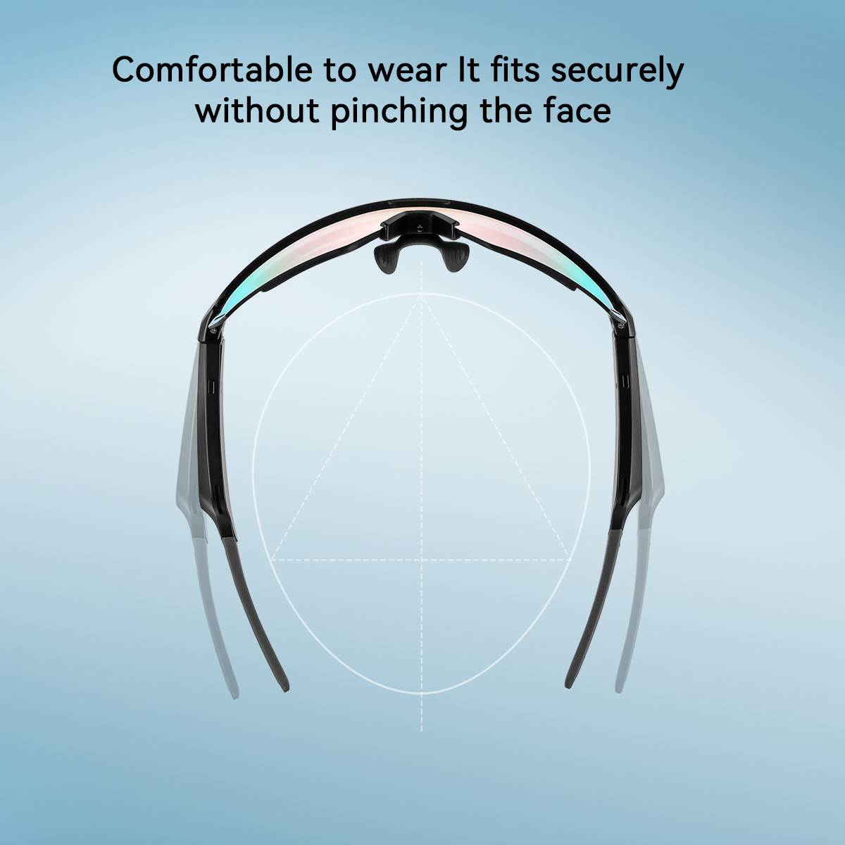 Gafas deportivas negras sobre un fondo degradado azul. Texto arriba: Cómodas de llevar. Se ajustan de forma segura sin apretar la cara.