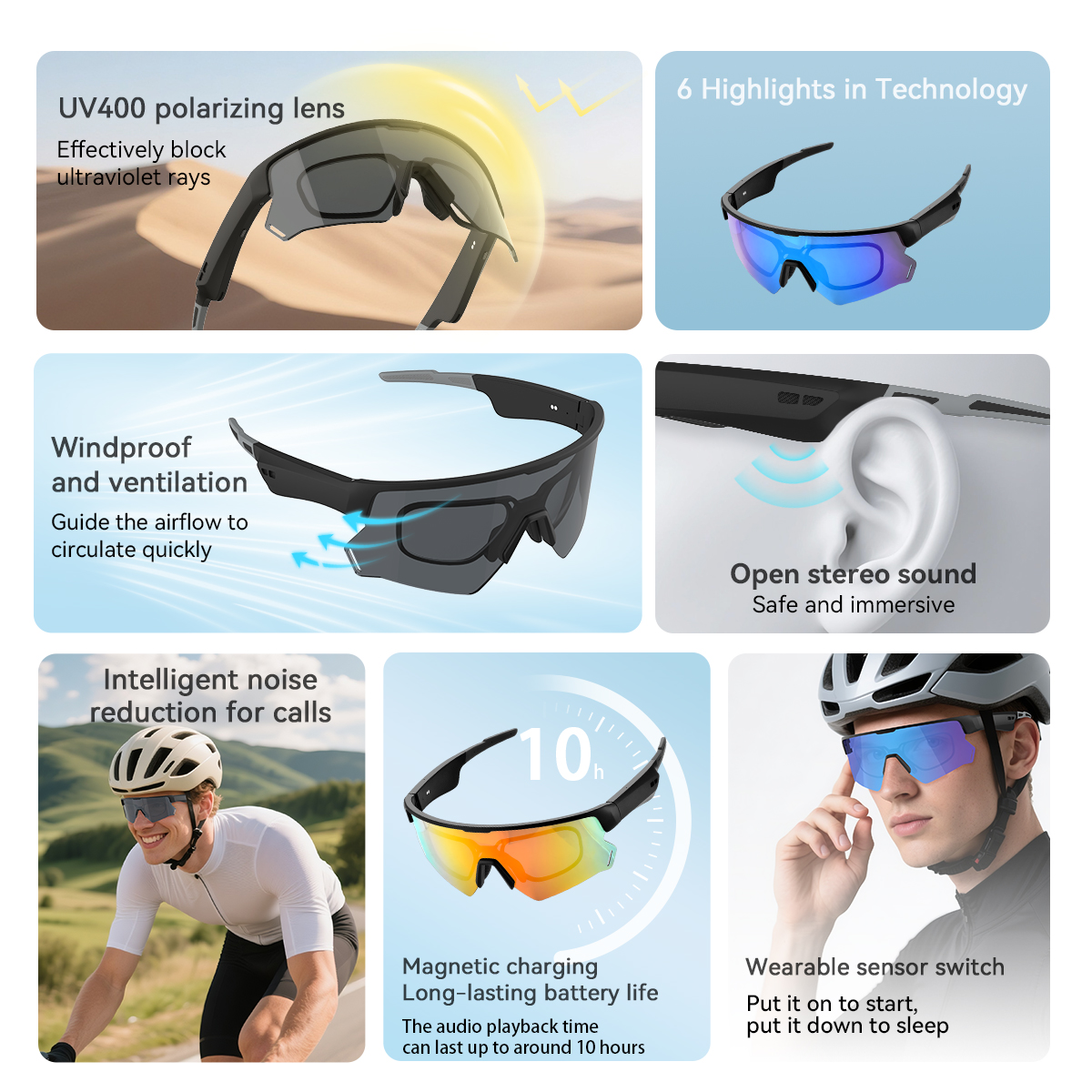 La imagen muestra gafas de sol deportivas con características como protección UV, diseño a prueba de viento y sonido estéreo abierto. También carga magnética.
