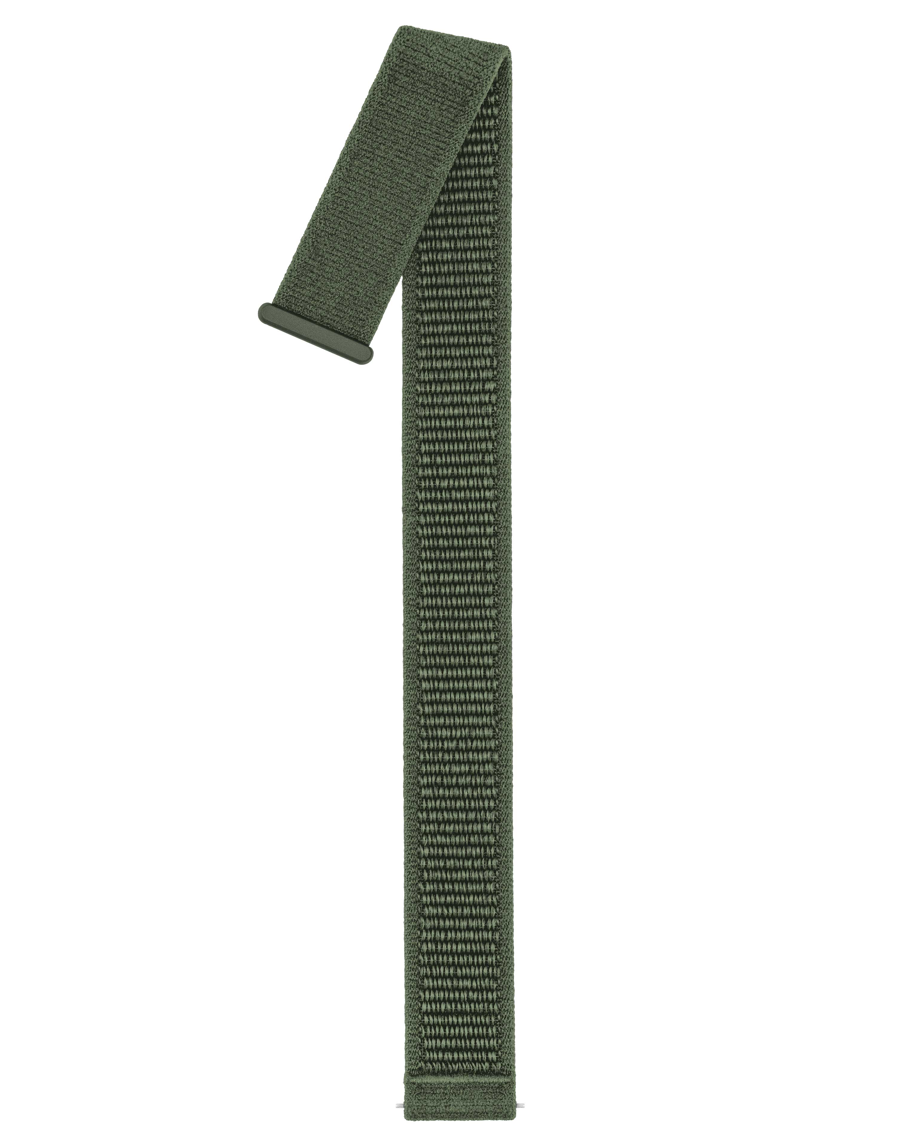 Ein olivgrünes Uhrenarmband vor weißem Hintergrund. Das Armband hat Textur und einen Verschluss.