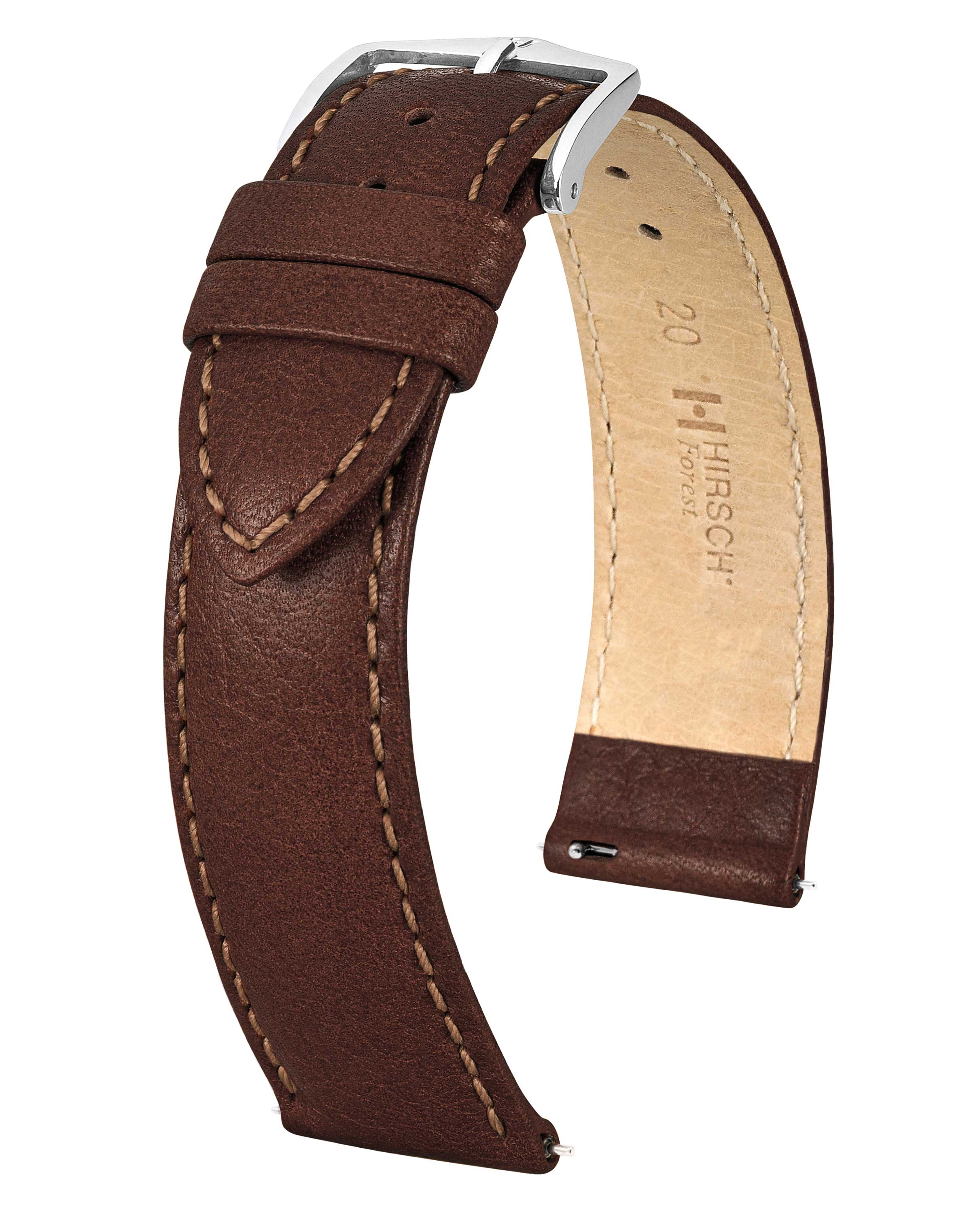 Ein braunes Lederarmband mit einer silbernen Schnalle. Der Riemen ist genäht und hat eine helle Innenseite.