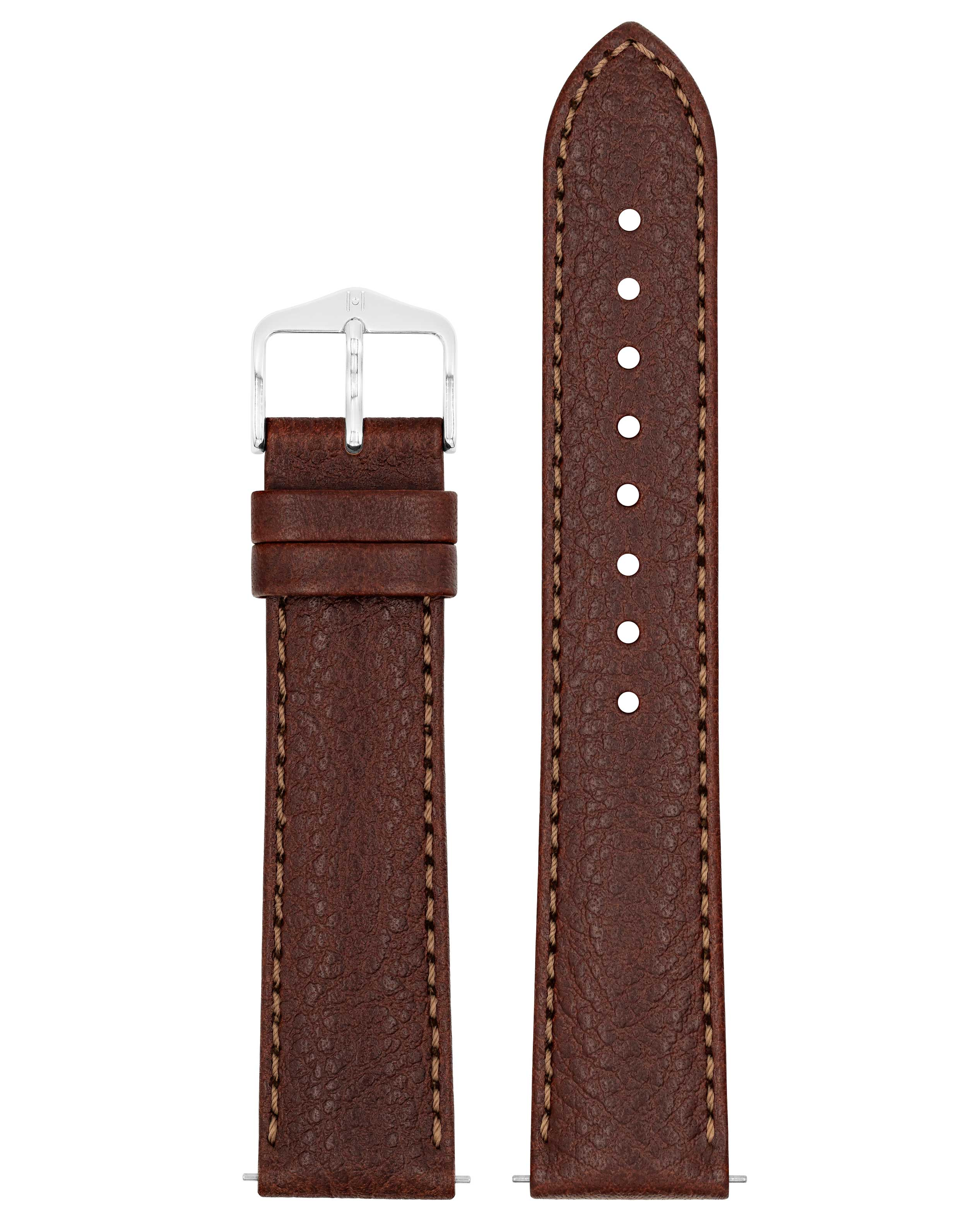 Nahaufnahme eines braunen Leder-Uhrenarmbands mit silberner Schnalle und genähten Kanten.