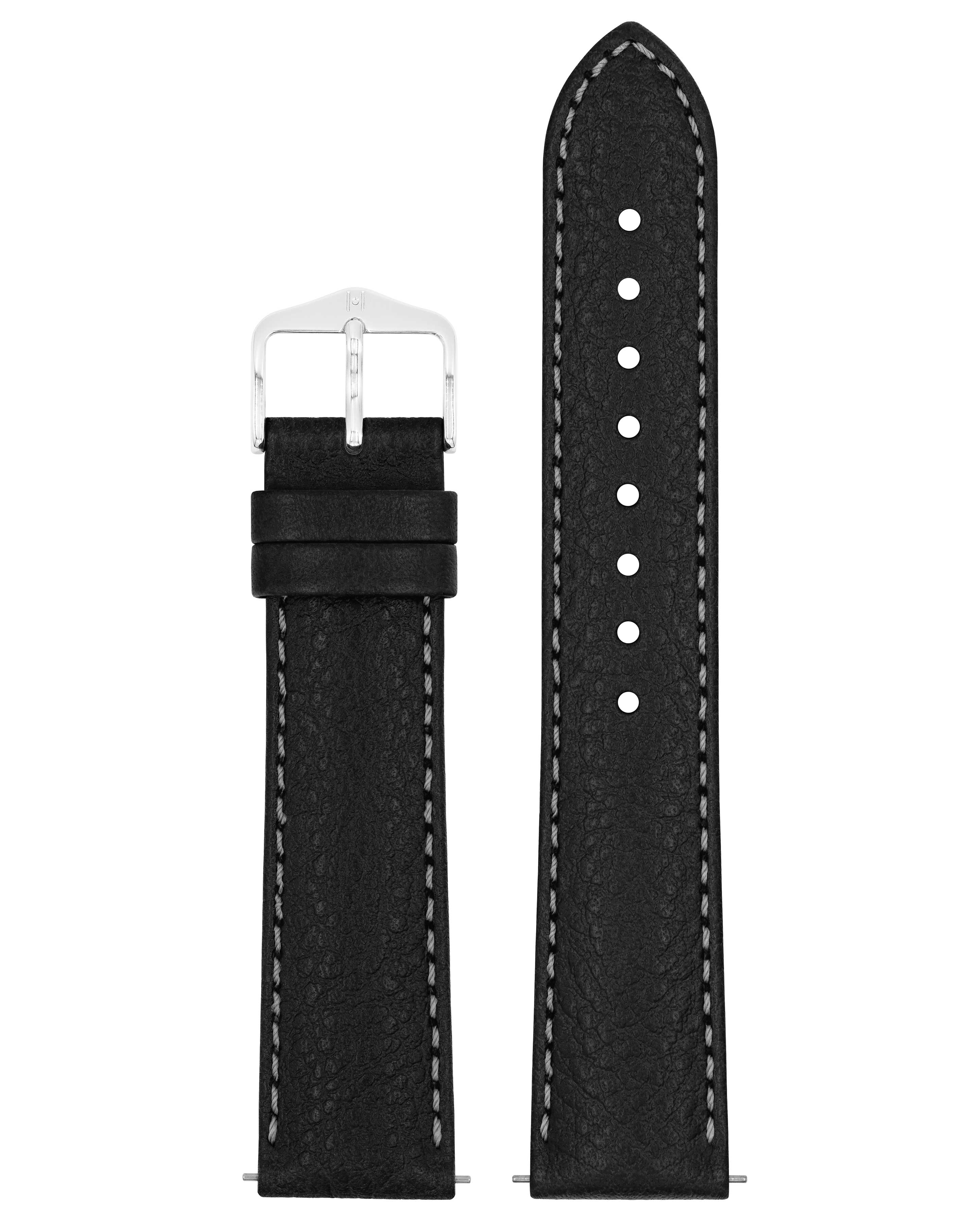 Ein schwarzes Leder-Armband mit weißen Nähten und einer silbernen Schnalle auf weißem Hintergrund.