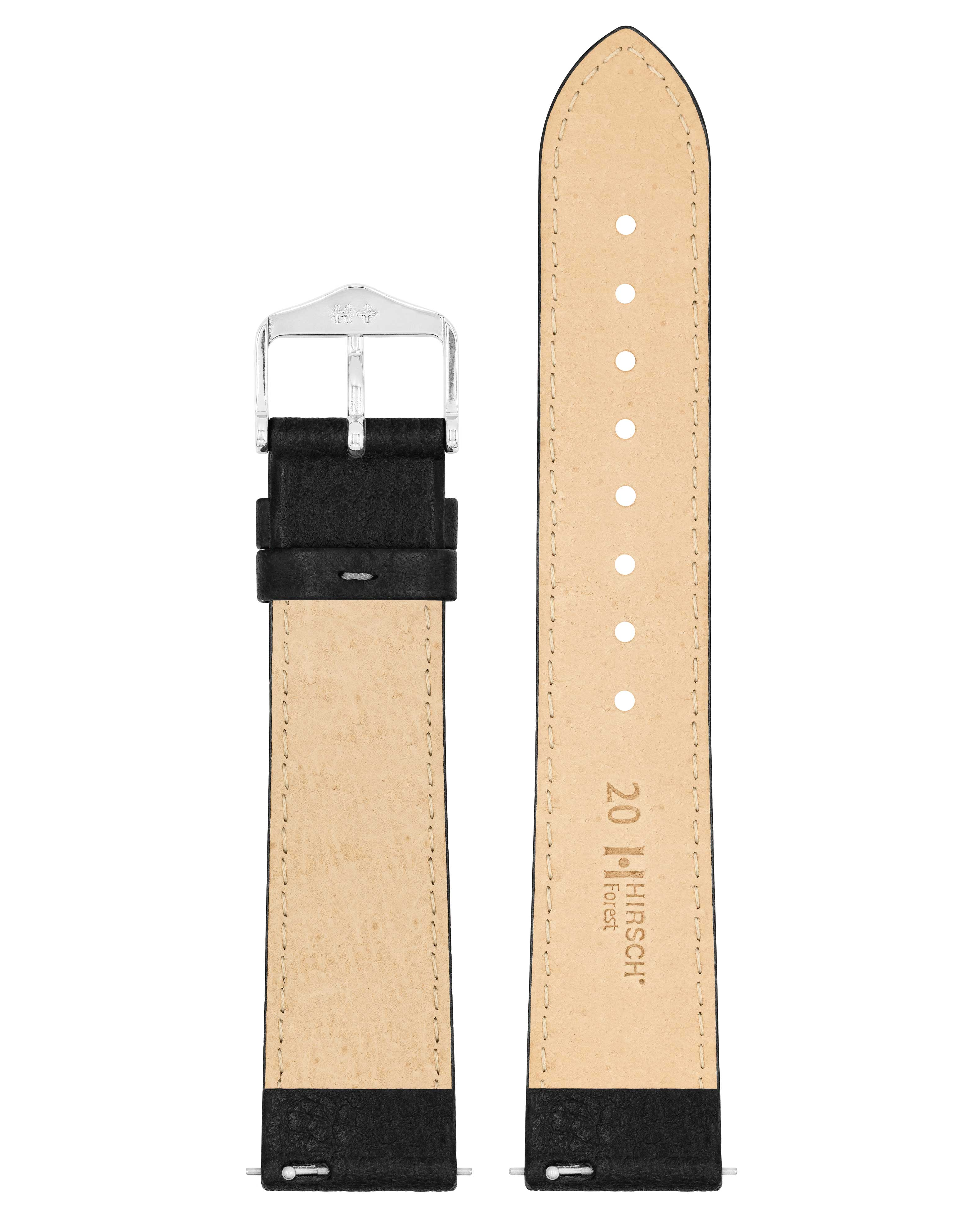 Schwarzes Uhrenarmband mit silberner Schnalle. Die Innenseite ist beige. Der Riemen ist vor weißem Hintergrund.