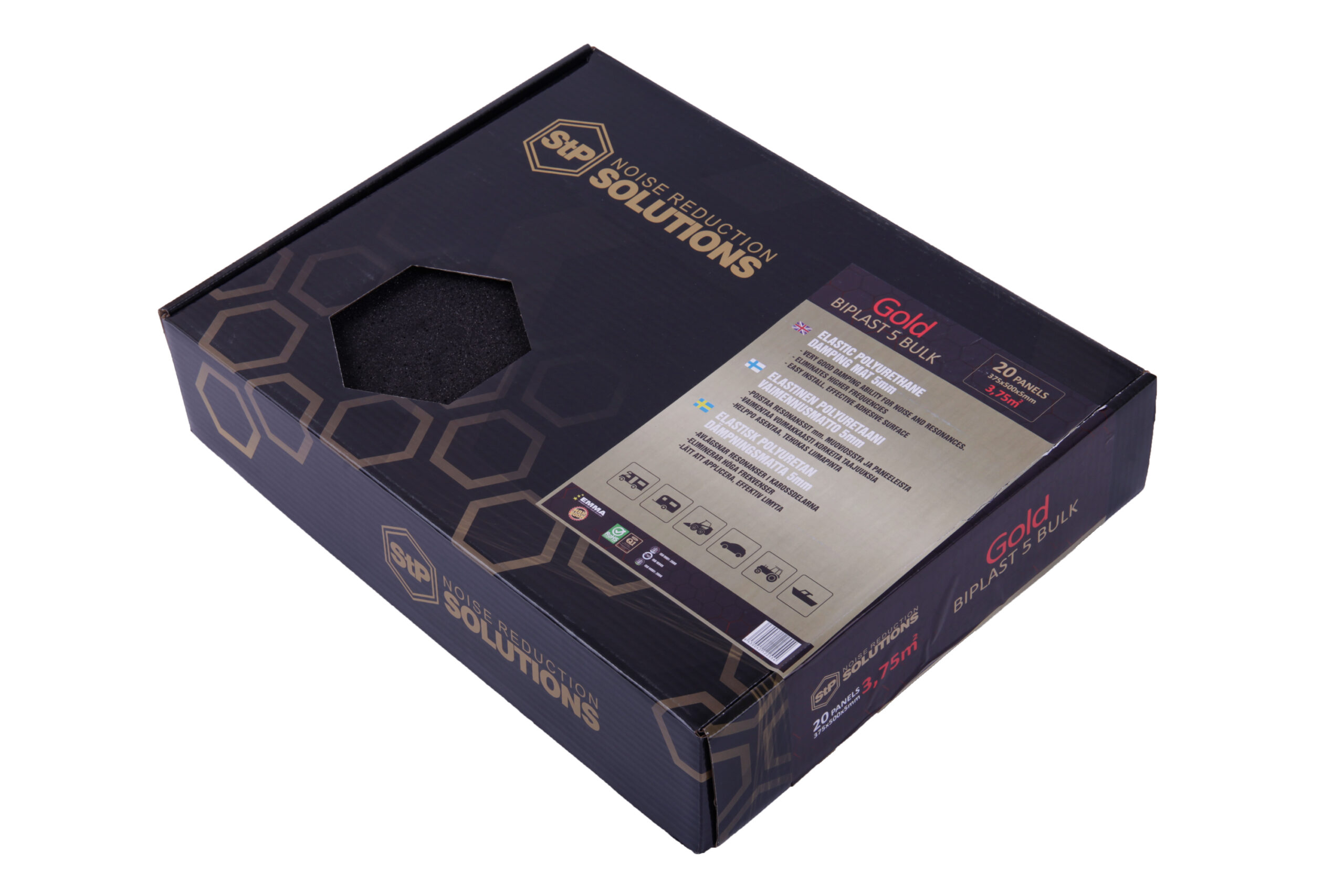 Eine Schachtel mit Lärmschutzplatten, schwarz mit goldenem Text, auf weißem Hintergrund. 'STP' und 'Gold' sind sichtbar.