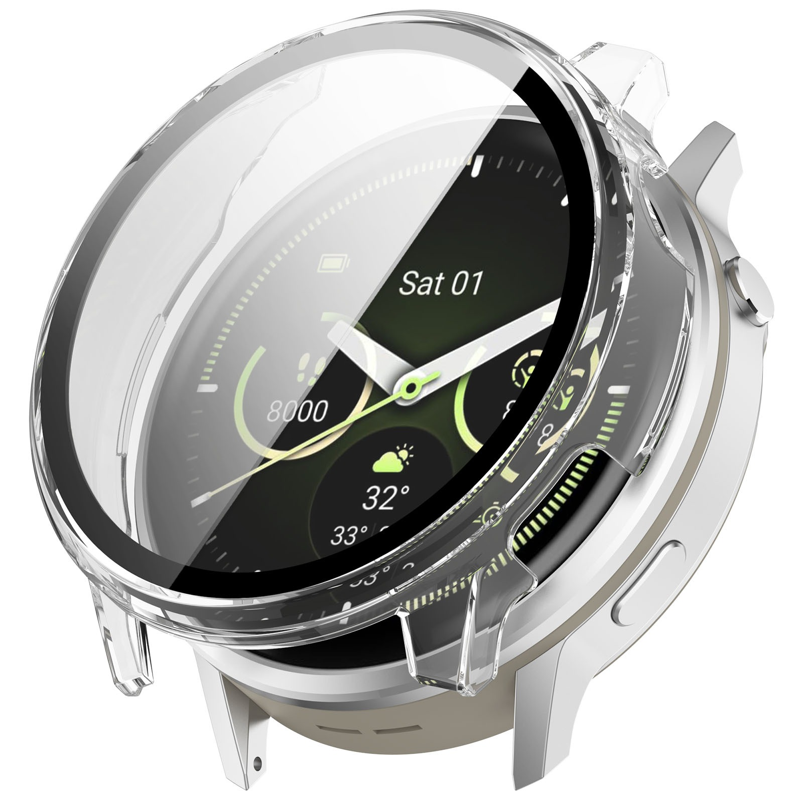 Smartwatch mit klarer Schutzhülle. Das Zifferblatt zeigt Datum, Uhrzeit, Schritte und Temperatur.