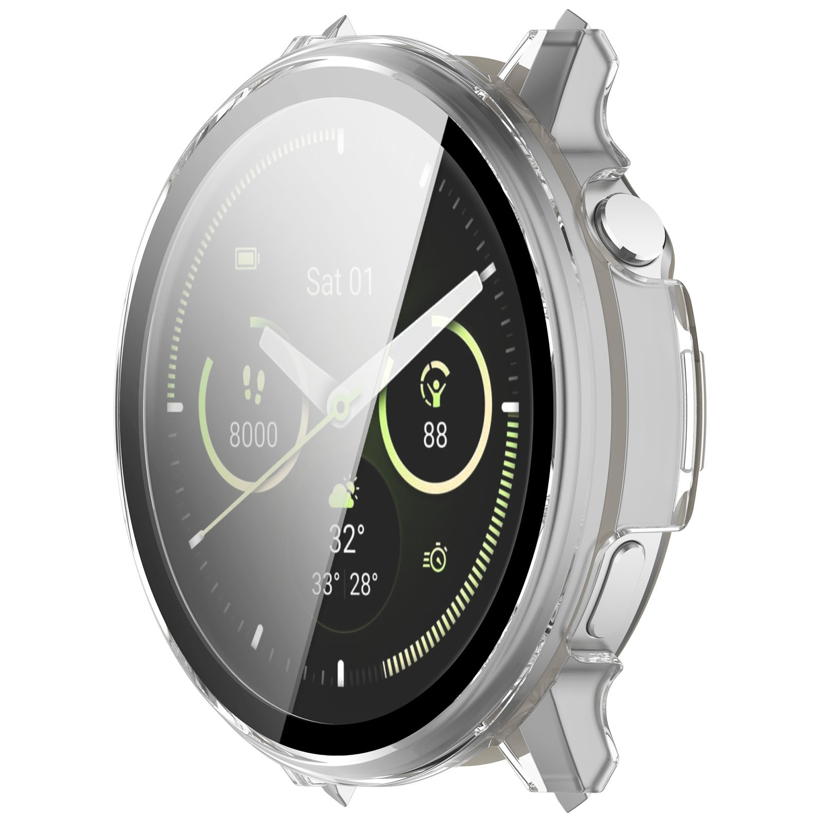 Eine Smartwatch mit transparentem Gehäuse. Der Bildschirm zeigt Datum, Uhrzeit, Schritte, Herzfrequenz und Wetterdetails.
