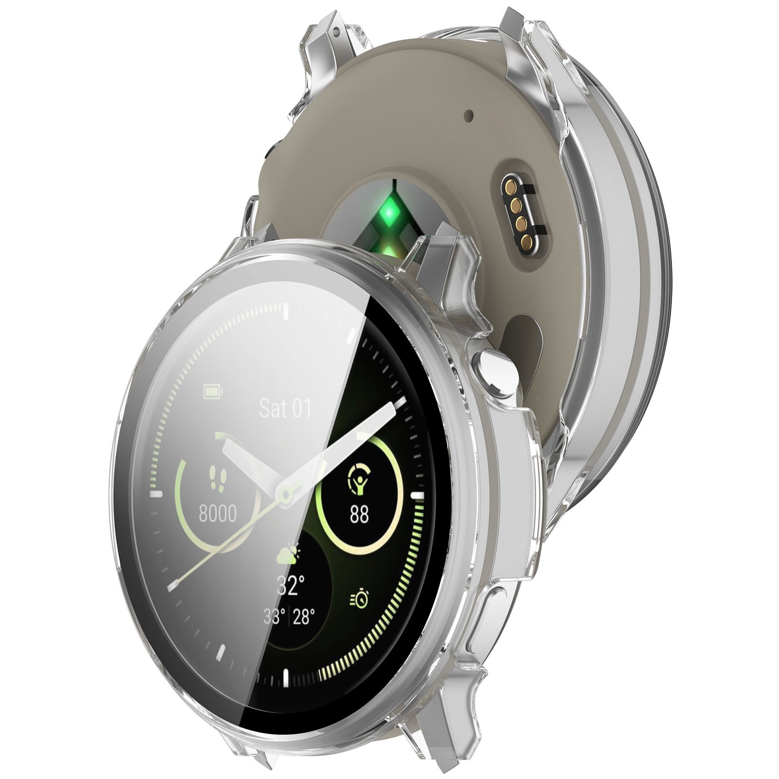 Eine Smartwatch mit transparentem Gehäuse. Das Zifferblatt zeigt Datum, Uhrzeit und Gesundheitsdaten.