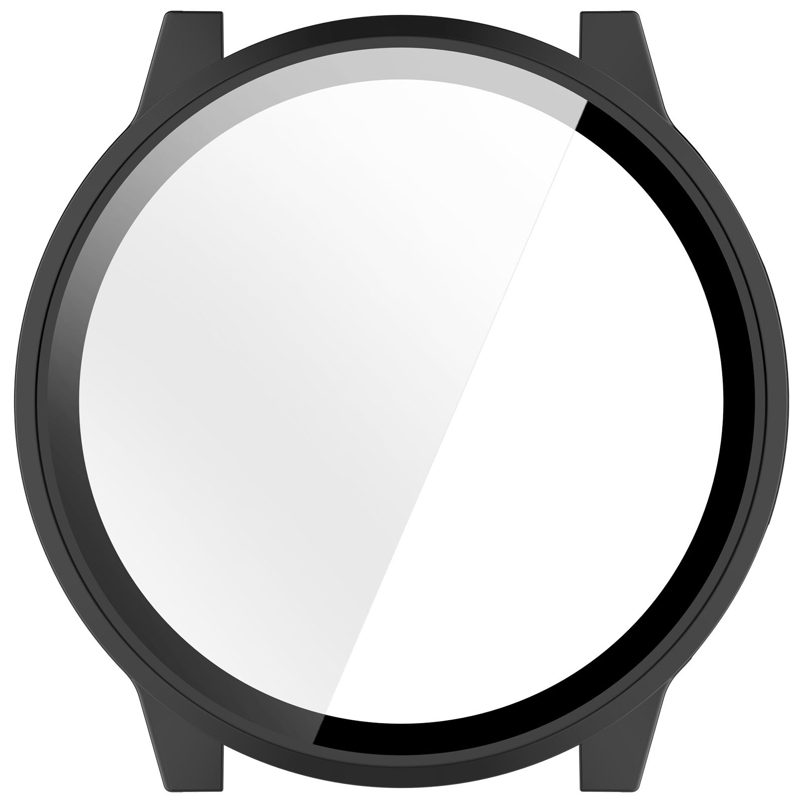 Nahaufnahme einer Smartwatch-Oberfläche. Es hat eine schwarze Lünette und einen weißen Bildschirm. Die Uhr ist vor weißem Hintergrund.