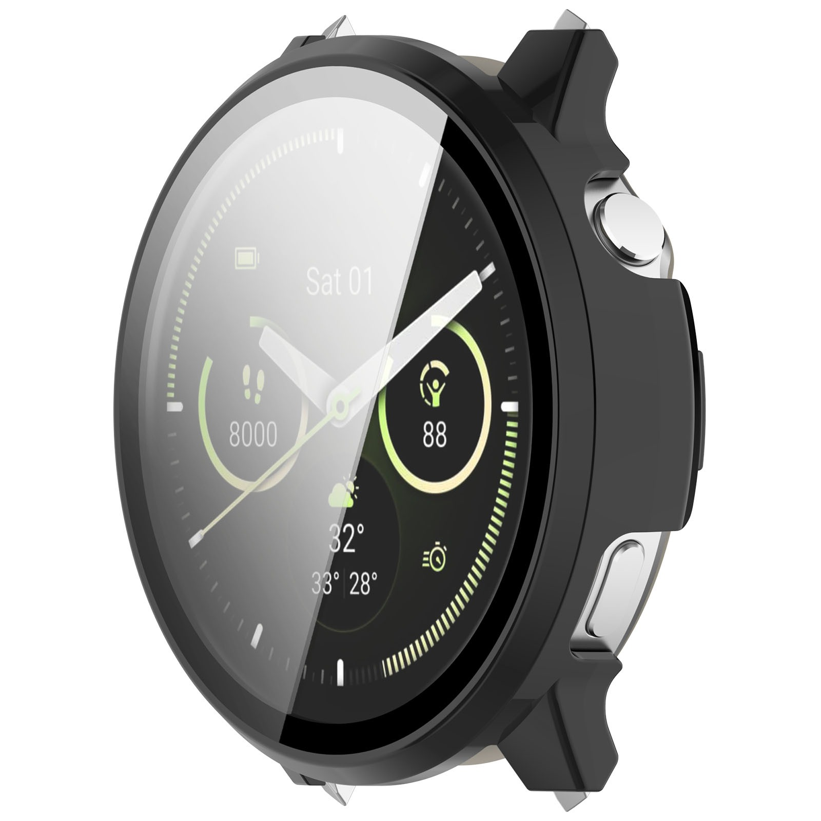 Nahaufnahme einer Smartwatch, die den Bildschirm mit Uhrzeit, Schritten, Akku- und Wetterinformationen zeigt. Sie hat ein schwarzes Gehäuse und eine silberne Taste.